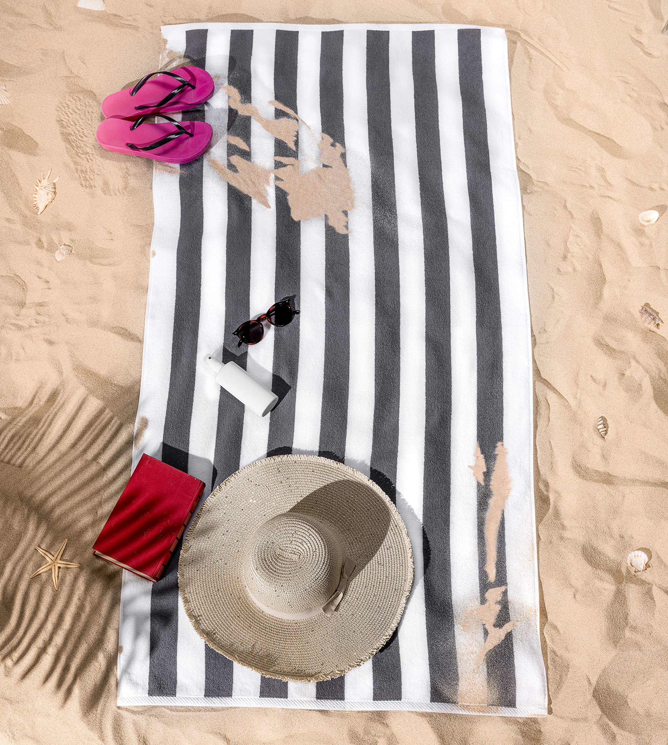 American Soft Linen Cabana Striped Beach Towels, 30x60 inch 4 Piece Oversize Pool Towels, Quick Drying Sand Free Swim Towels, Beige