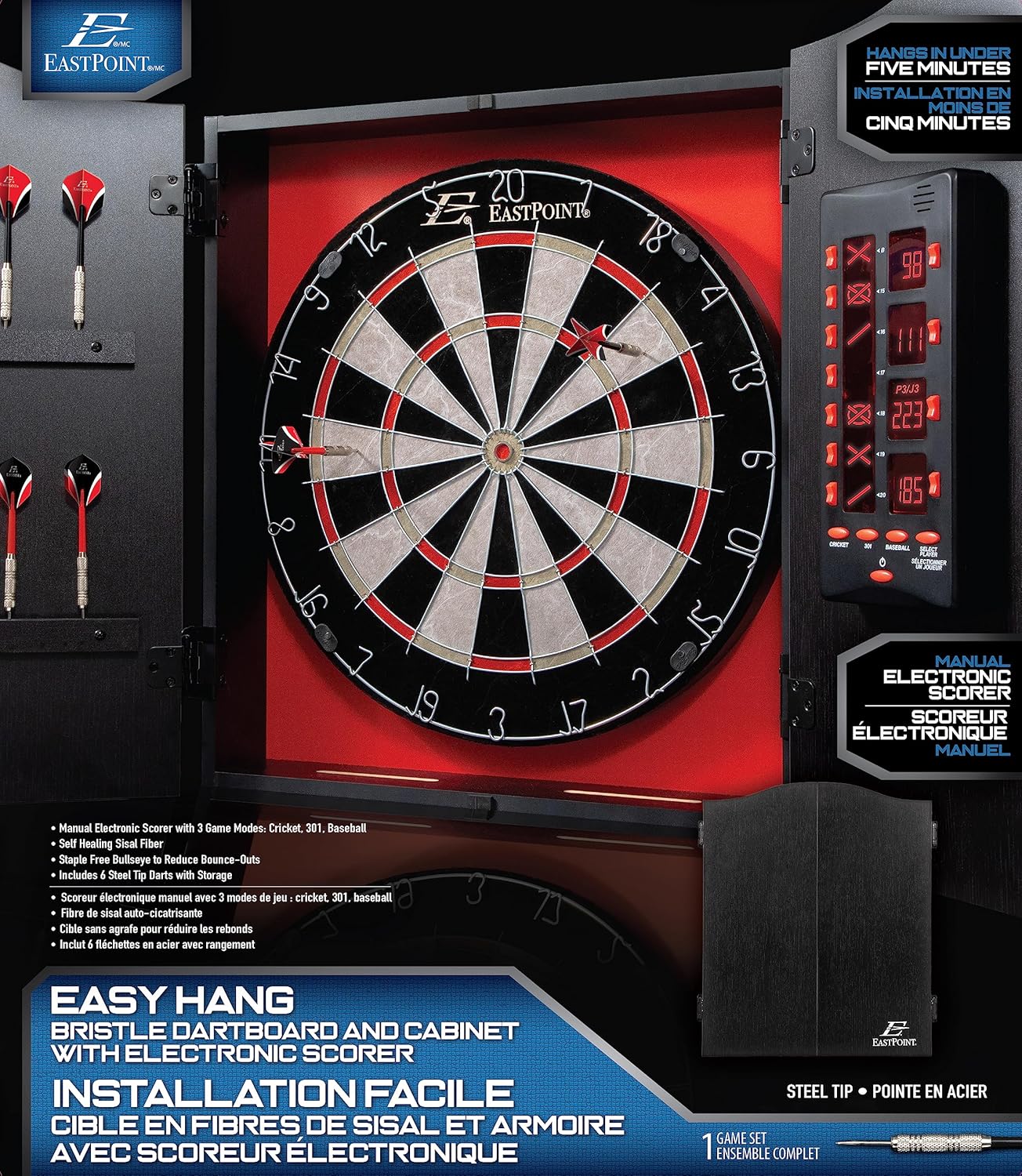 EastPoint Tournament Bristle Dartboard - 18-Inch, Red/Black - Self-Healing Sisal & Steel Tip Darts - Deluxe LED Scoring System for Electronic Dart Board - Easy-Mount Cabinet for Game Room Decor