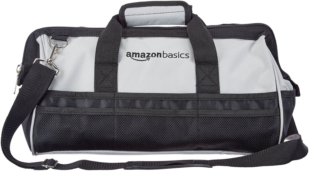 Amazon Basics Durable Wear-Resistant Tool Storage Bag with Adjustable Shoulder Strap, Portable Tool Organizer, 16 Pockets, 12 in, Black & Gray
