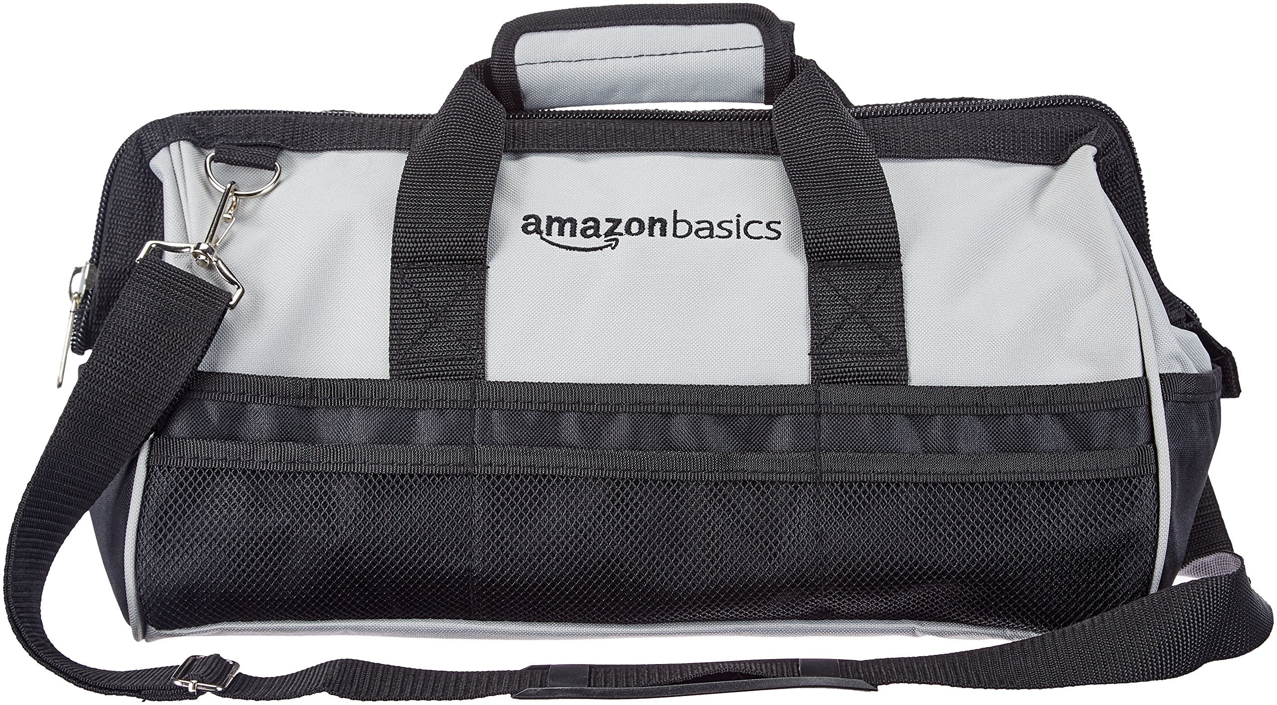 Amazon Basics Durable Wear-Resistant Tool Storage Bag with Adjustable Shoulder Strap, Portable Tool Organizer, 16 Pockets, 12 in, Black & Gray