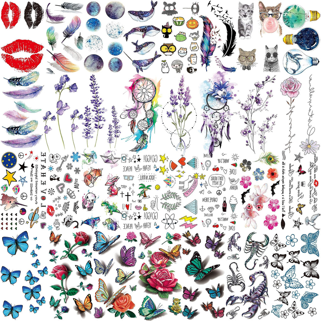 EGMBGM 52 Sheets Tiny Small Temporary Tattoos For Kids Boys Girls, Tribal Animals Butterfly Anchor Compass Tattoo Stickers For Men Women, 3D Cute Flower Fake Face Tatoo Kits Sets For Neck Arm Hands