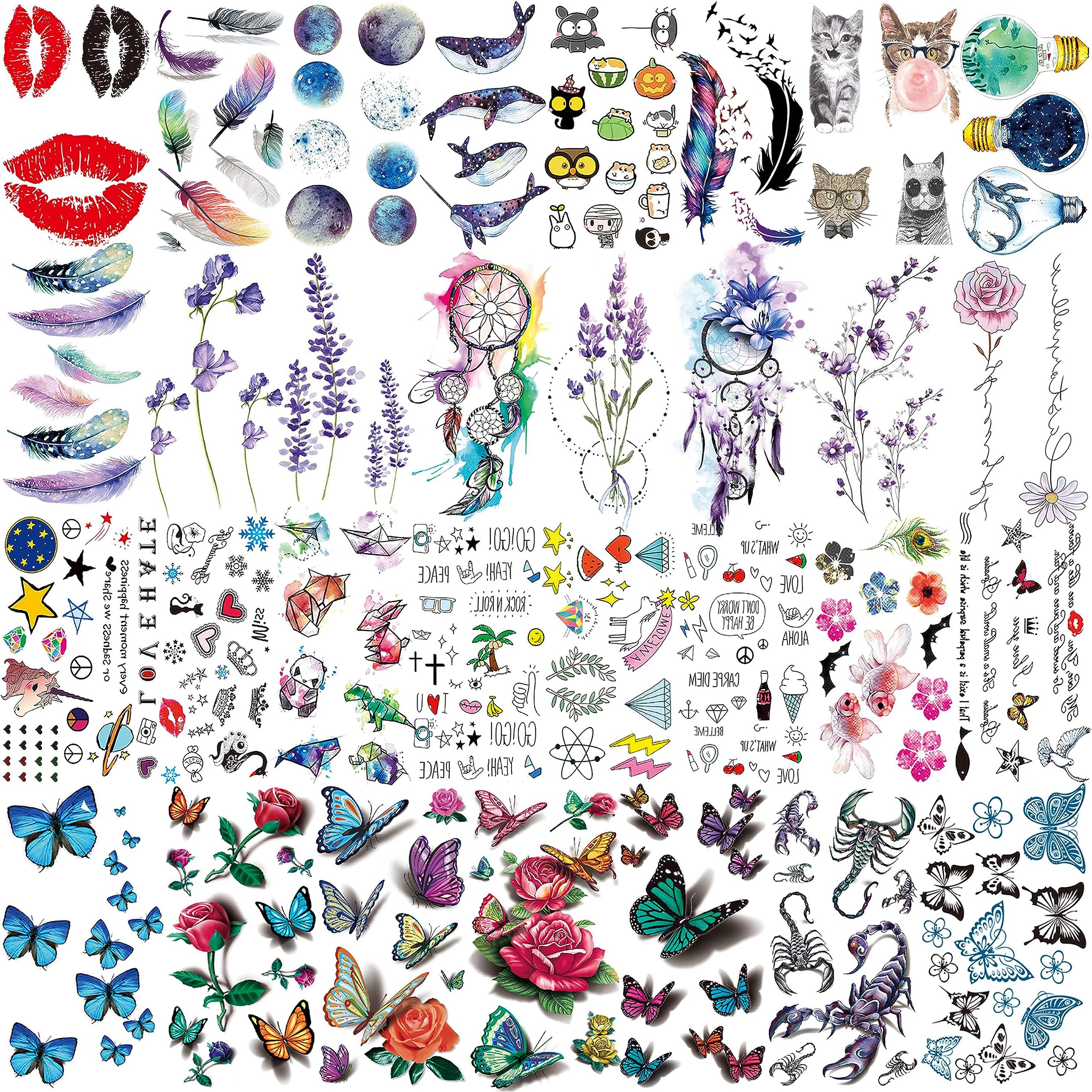 EGMBGM 52 Sheets Tiny Small Temporary Tattoos For Kids Boys Girls, Tribal Animals Butterfly Anchor Compass Tattoo Stickers For Men Women, 3D Cute Flower Fake Face Tatoo Kits Sets For Neck Arm Hands