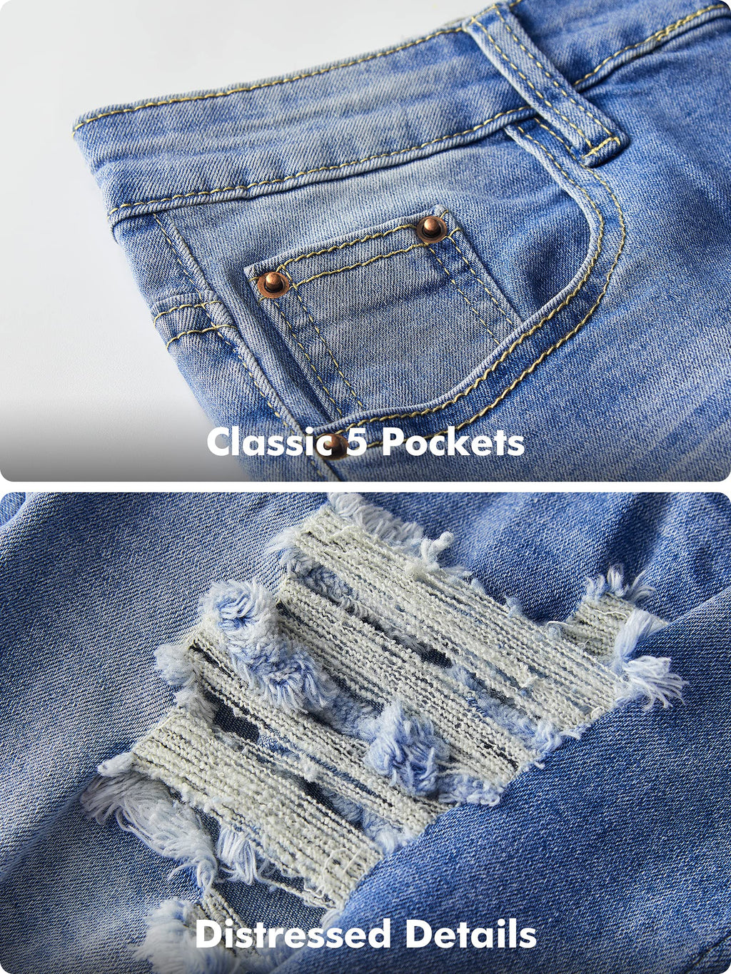 roswear Womens Ripped Stretchy Long Jean Shorts Mid Rise Frayed Cut Off Bermuda Shorts