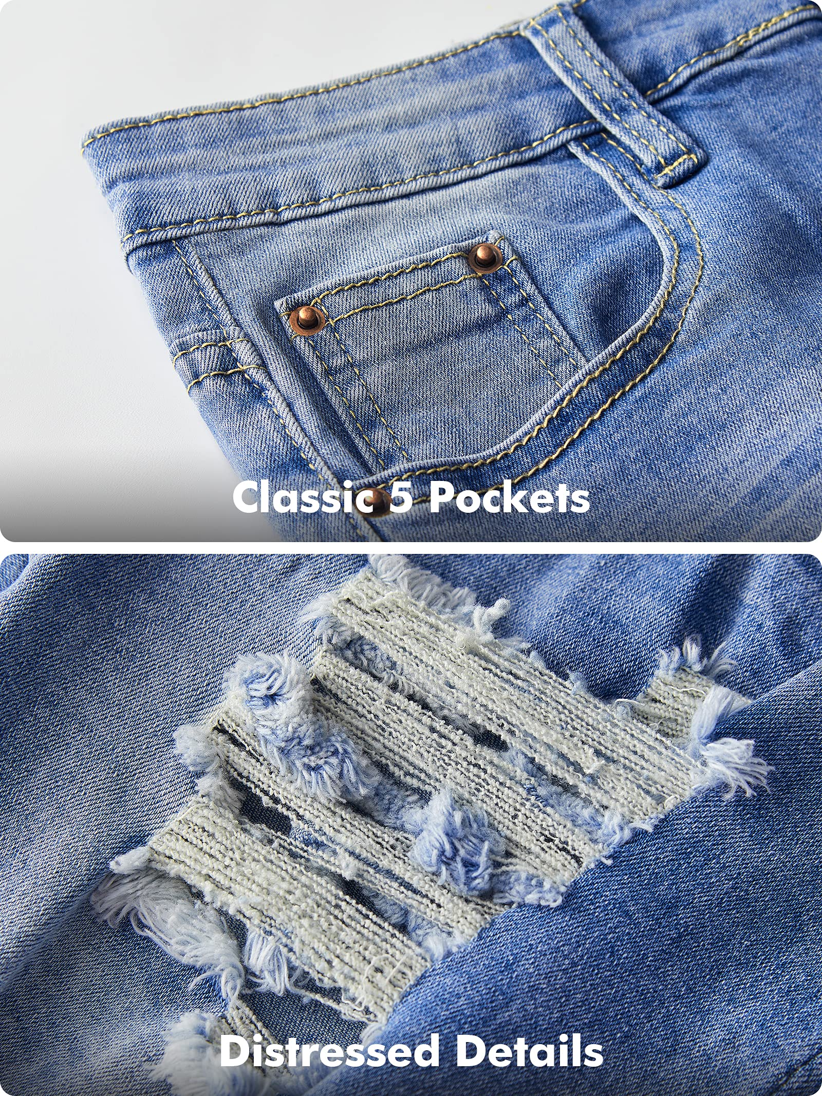 roswear Womens Ripped Stretchy Long Jean Shorts Mid Rise Frayed Cut Off Bermuda Shorts