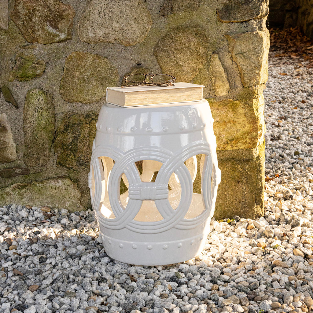 JONATHAN Y Lucky Coins 16" Ceramic Garden Stool, Contemporary Blue/White Cutout Interlocking Rings Drum Indoor/Outdoor Side Table and Plant Stand for Patio, Garden, Living Room TBL1027A