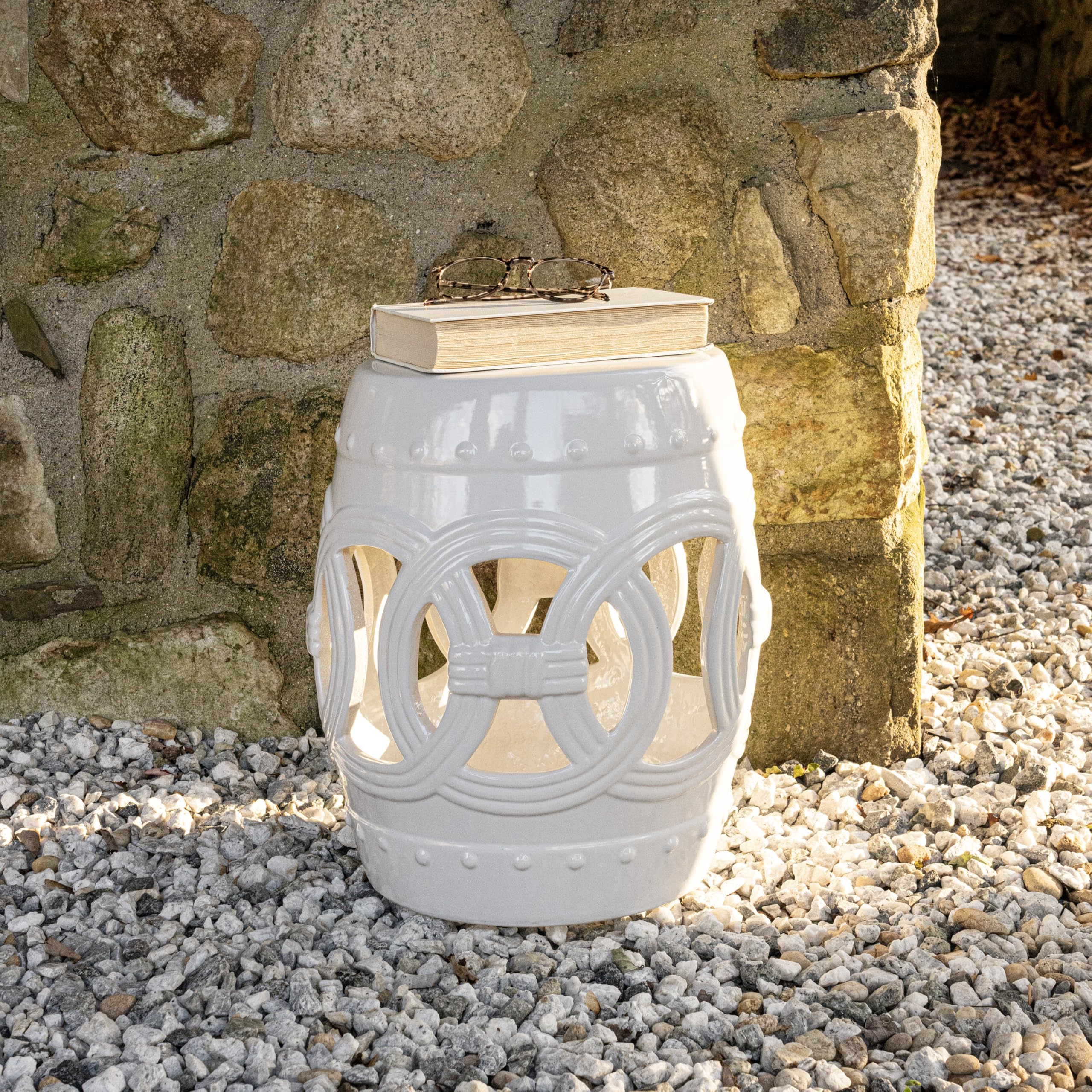 JONATHAN Y Lucky Coins 16" Ceramic Garden Stool, Contemporary Blue/White Cutout Interlocking Rings Drum Indoor/Outdoor Side Table and Plant Stand for Patio, Garden, Living Room TBL1027A