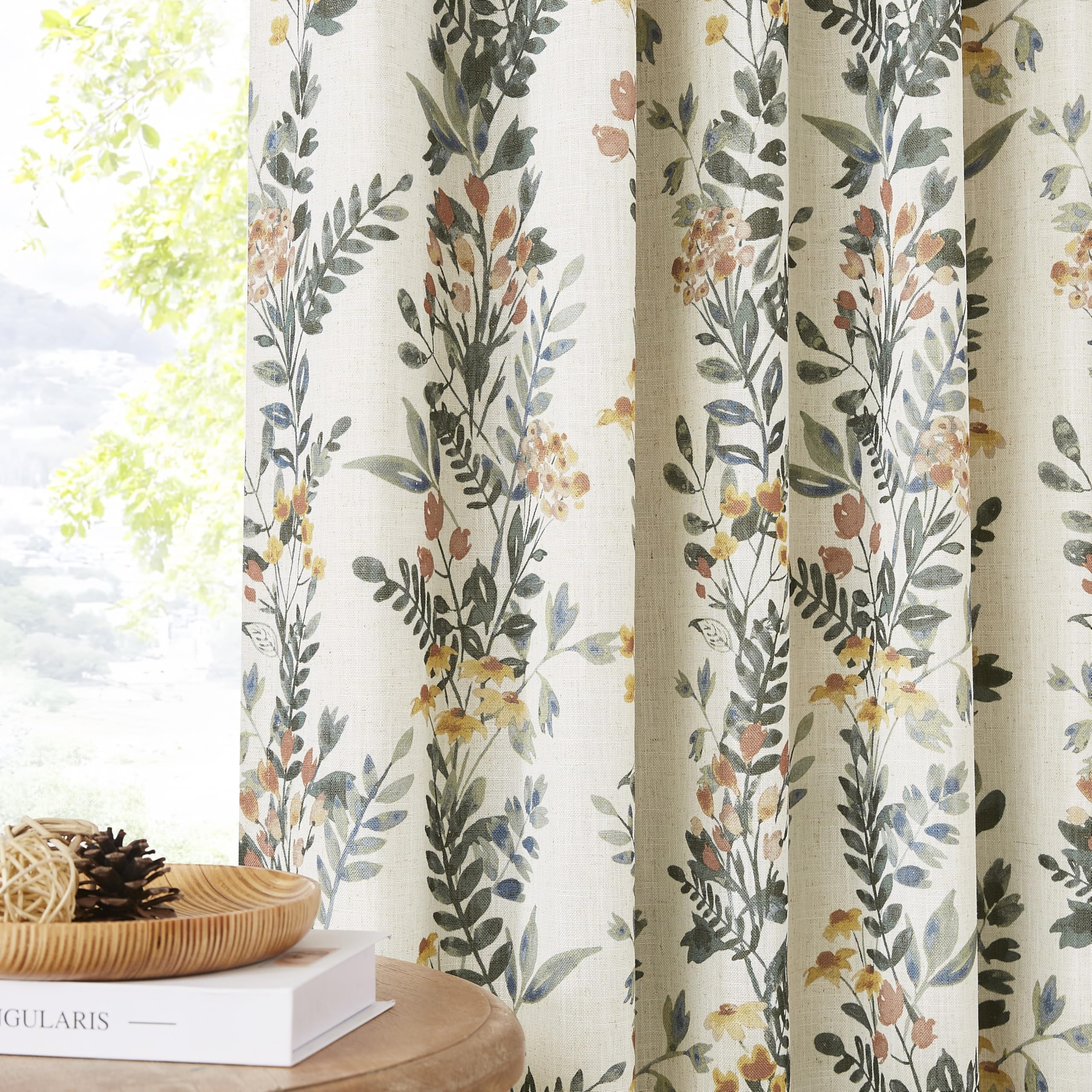 Kayne Studio Pinch Pleated Full Blackout Window Curtain Panels Botanical Floral Boho Leaf Print Country Farmhouse GreenYellow Room Darkening Thermal Insulated Window Treatment Bedroom,40"x84",2 Panels