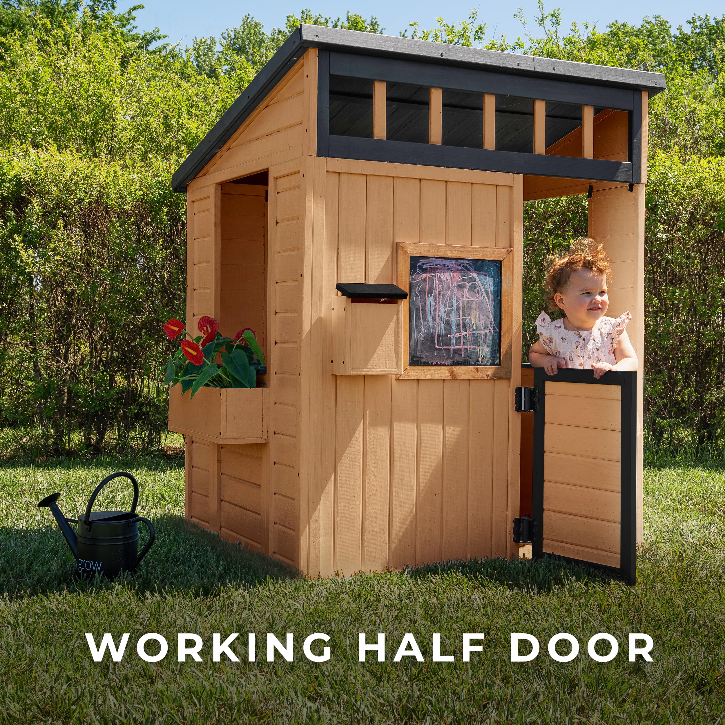 Backyard Discovery Caraway Cottage Cedar Wooden Kids Playhouse with Play Kitchen, Chalkboard, Mailbox, Half Door, Windows, Flower Box, Modern Farmhouse Design for Outdoor Imaginative Play