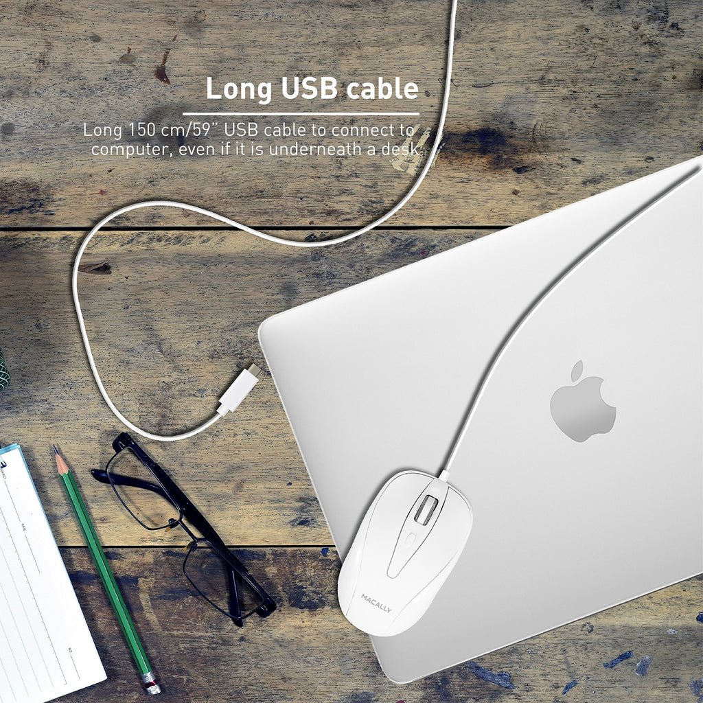 Macally Wired USB C Mouse for Mac and PC - Slim, Quiet, and Reliable - Type C Mouse for MacBook Pro/Air, iMac, Apple iPad, Laptop, Computer Desktop with 3 Button, Scroll Wheel, USBC, and 4 DPI Mode