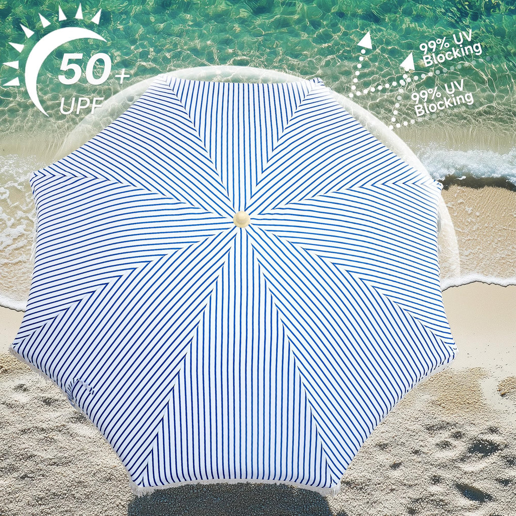 6.5FT Boho Patio Umberlla with Fringe,UPF50+ Outdoor Umbrella with Fiberglass Ribs and Push Button Tilt,Tassels Umbrella for Beach,Terrace,Picnic