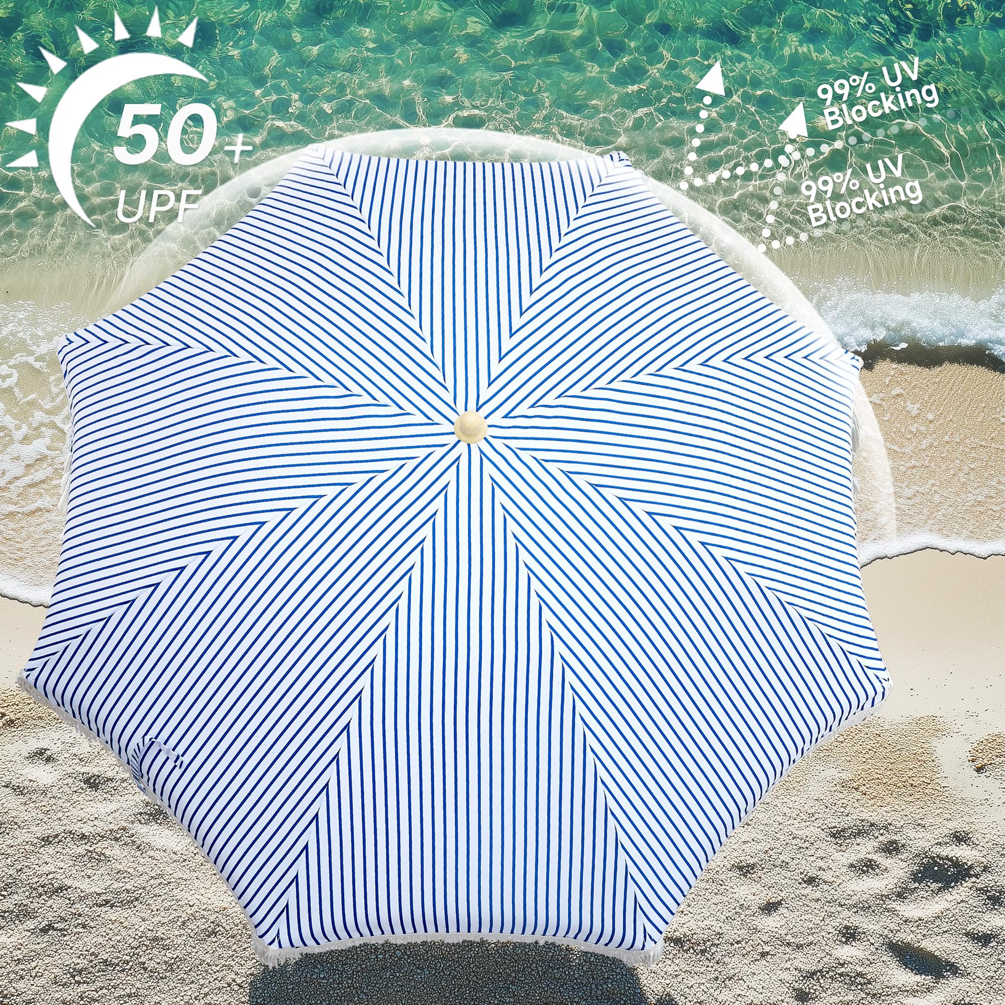 6.5FT Boho Patio Umberlla with Fringe,UPF50+ Outdoor Umbrella with Fiberglass Ribs and Push Button Tilt,Tassels Umbrella for Beach,Terrace,Picnic