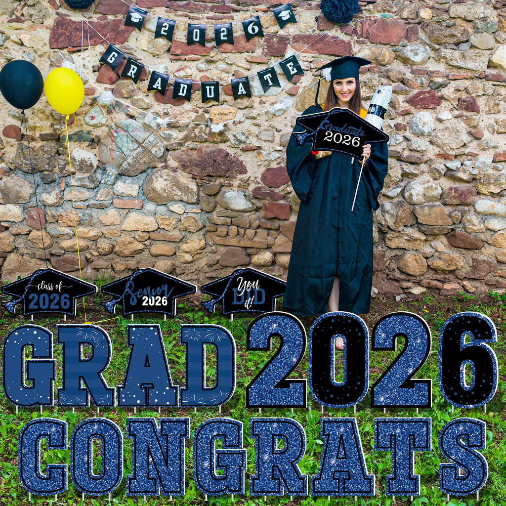 HOVACY 20 PCS Black Gold Graduation Yard Signs Class of 2026 | Black Gold 20 PCS, 40 Stakes, 11.57 x 16.14 in, Corrugated Plastic, Waterproof, Congrats Grad Sign, Graduation Sign