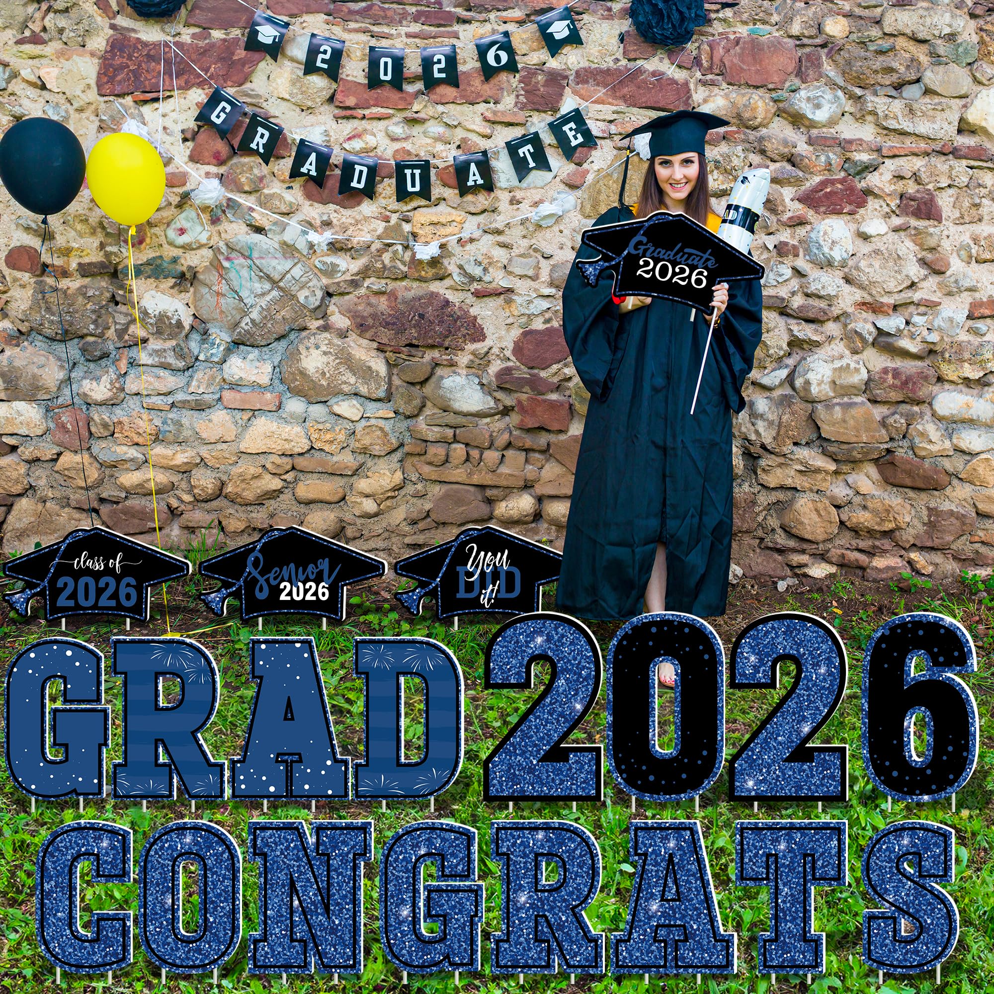HOVACY 20 PCS Black Gold Graduation Yard Signs Class of 2026 | Black Gold 20 PCS, 40 Stakes, 11.57 x 16.14 in, Corrugated Plastic, Waterproof, Congrats Grad Sign, Graduation Sign