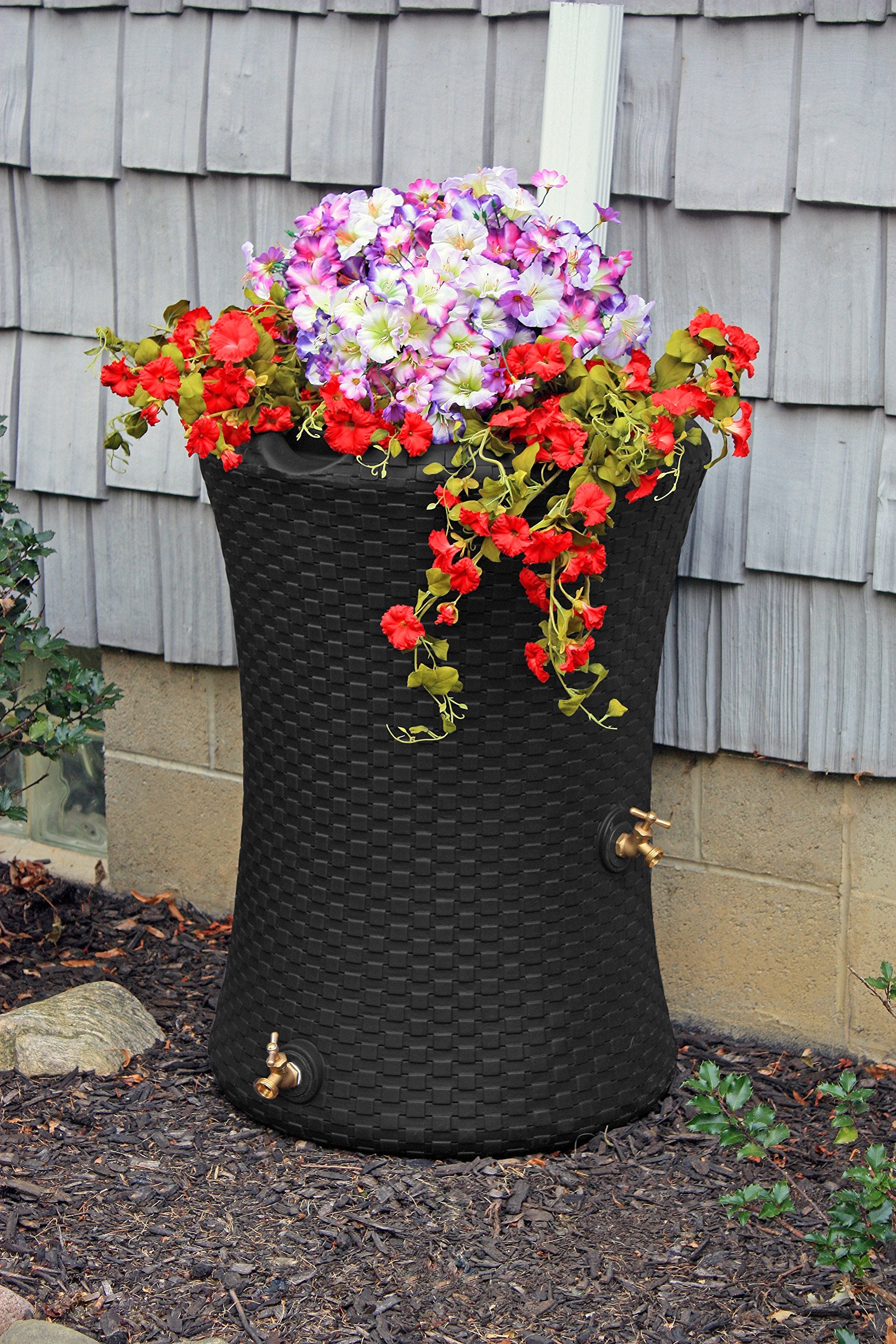 Good Ideas Impressions 50 Gallon Nantucket Outdoor Home Rain Barrel Water Storage Collector with Garden Planter and Brass Spigot, Black (2 Pack)
