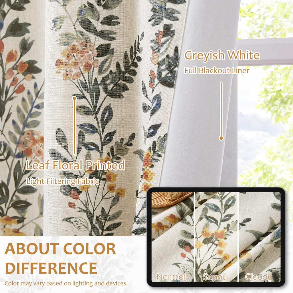 Kayne Studio Pinch Pleated Full Blackout Window Curtain Panels Botanical Floral Boho Leaf Print Country Farmhouse GreenYellow Room Darkening Thermal Insulated Window Treatment Bedroom,40"x84",2 Panels