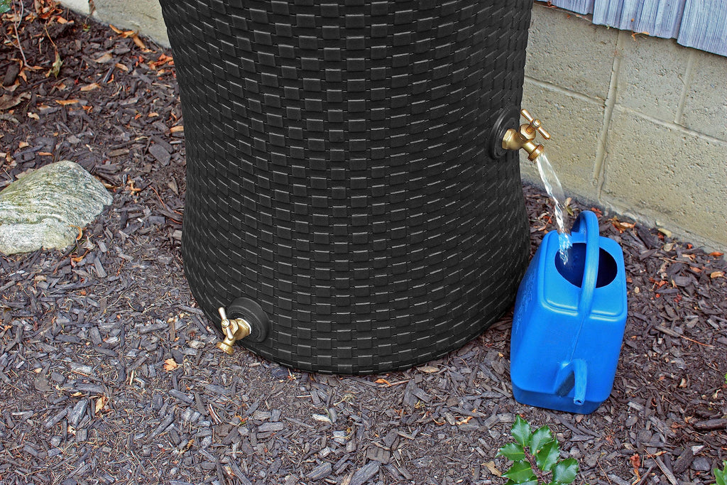 Good Ideas Impressions 50 Gallon Nantucket Outdoor Home Rain Barrel Water Storage Collector with Garden Planter and Brass Spigot, Black (2 Pack)