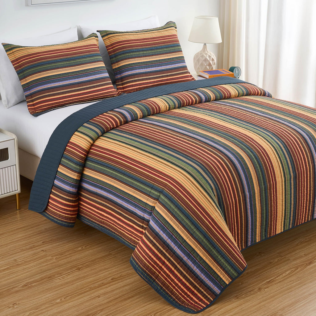 Chezmoi Collection Avery Striped Cotton Quilt Set Twin Size, 2-Piece Soft Pre-Washed 100% Cotton Quilt, Multi-Color Brown