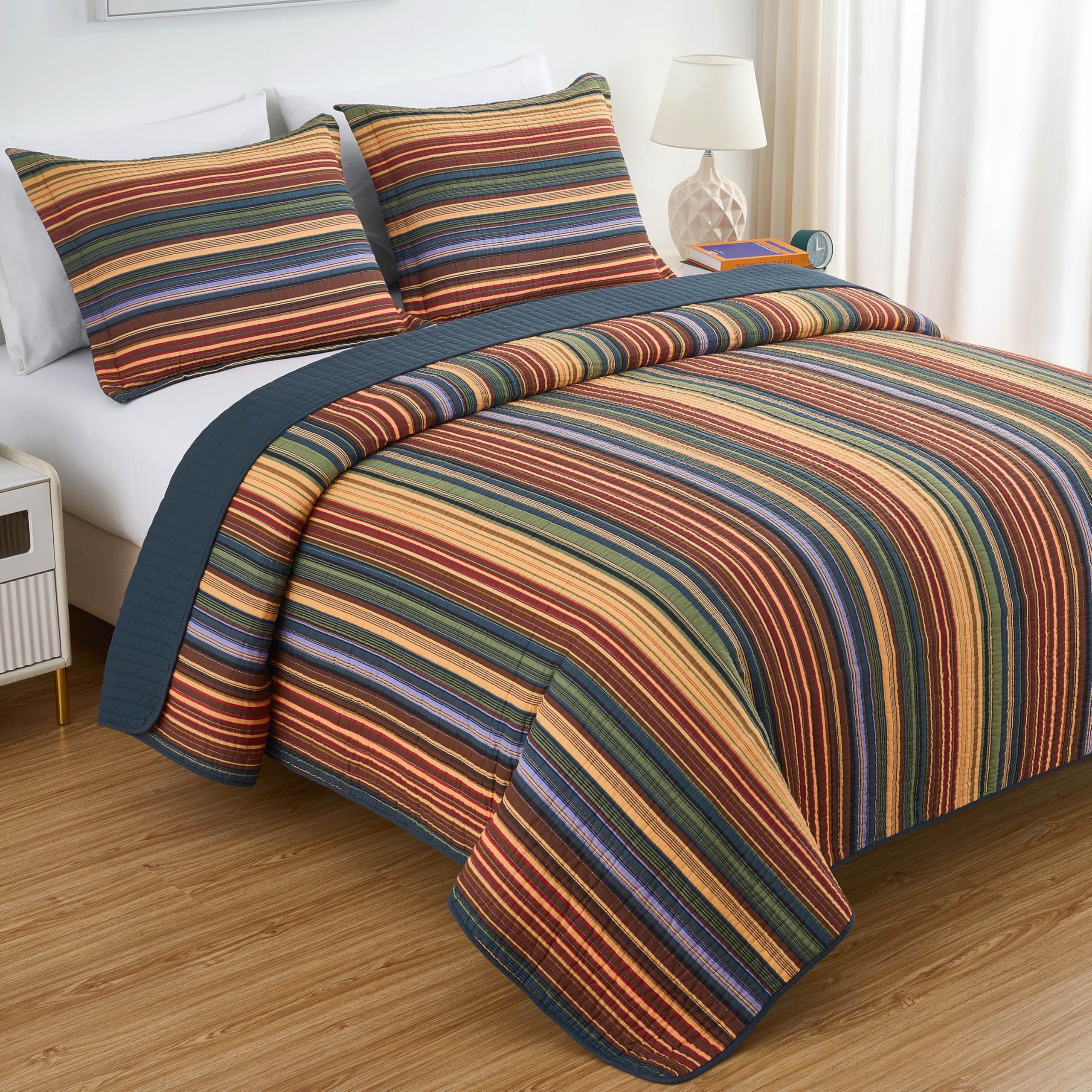 Chezmoi Collection Avery Striped Cotton Quilt Set Twin Size, 2-Piece Soft Pre-Washed 100% Cotton Quilt, Multi-Color Brown
