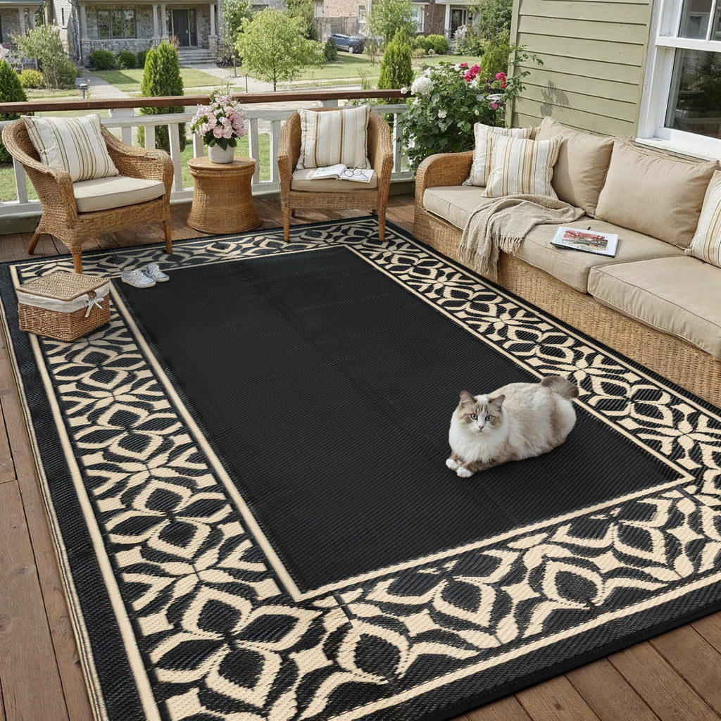 PureCozy Outdoor Plastic Straw Rug Black Beige Large Outside Waterproof Outdoor Patio 5x8 Carpet Geometric Reversible Mat Modern for Camping RV Porch Deck Balcony Beach