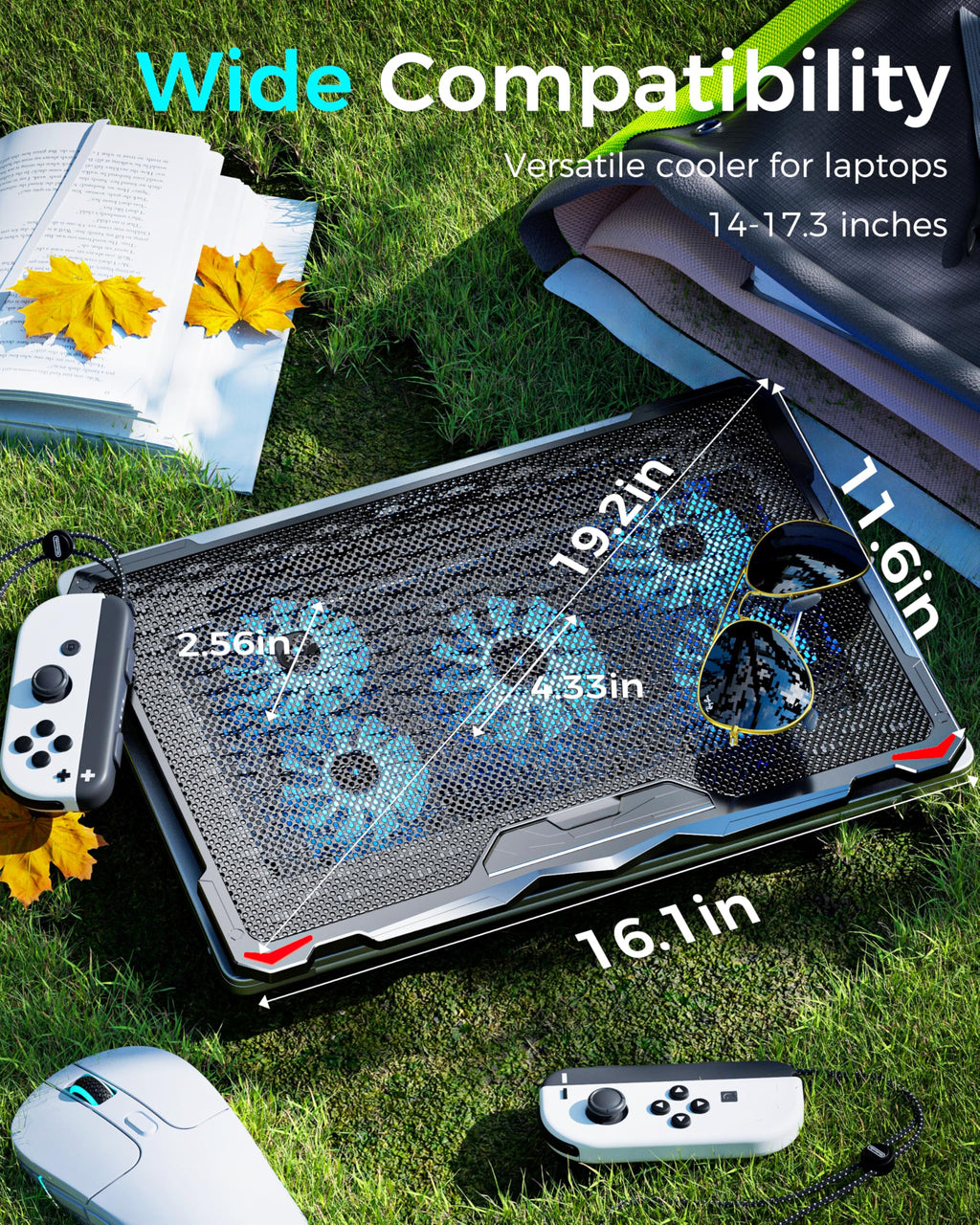 AICHESON Laptop Cooling Pad 5 Fans Up to 17.3 Inch Heavy Notebook Cooler, Blue LED Lights, 2 USB Ports, S035, Blue-5fans