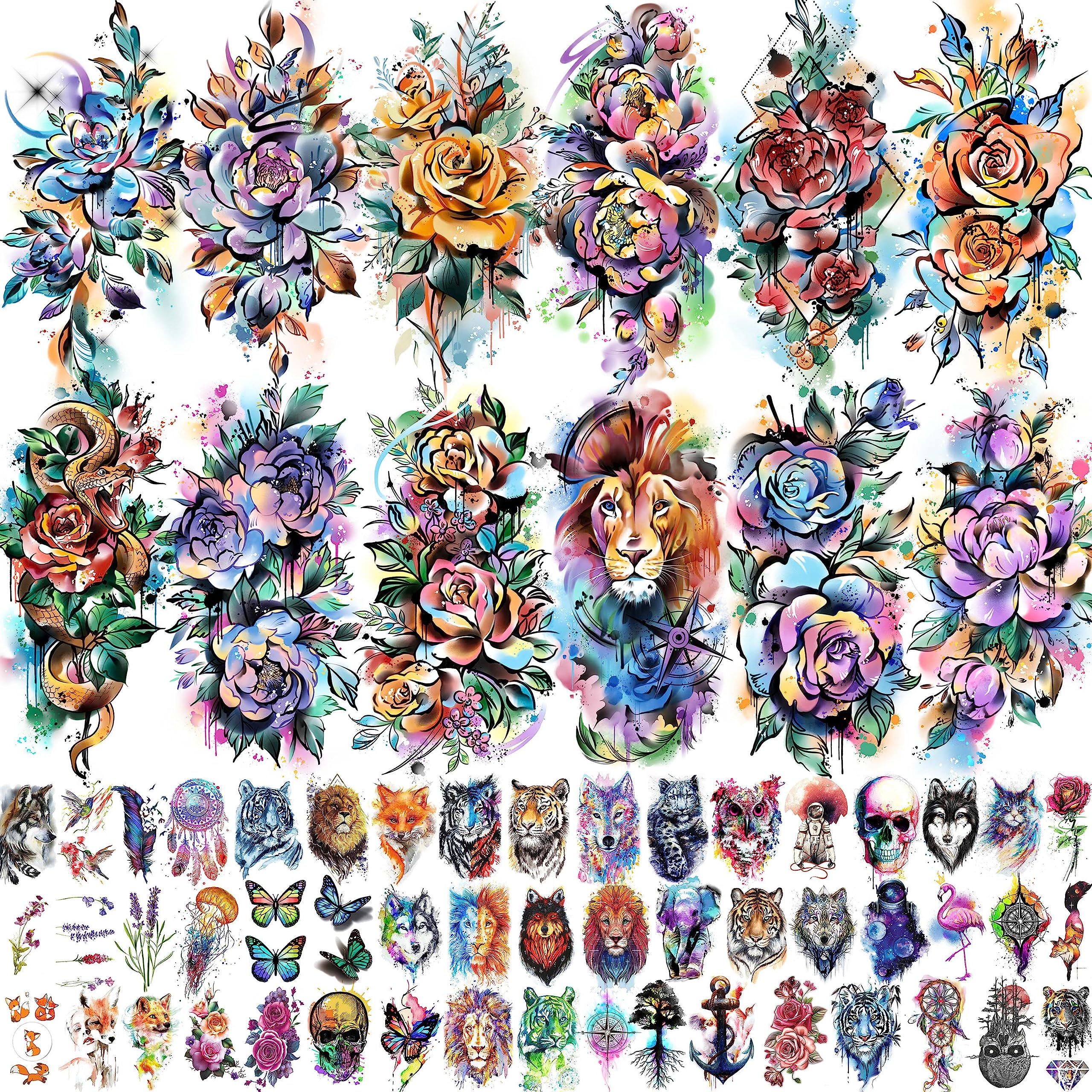 EGMBGM 52 Sheets Tiny Small Temporary Tattoos For Kids Boys Girls, Tribal Animals Butterfly Anchor Compass Tattoo Stickers For Men Women, 3D Cute Flower Fake Face Tatoo Kits Sets For Neck Arm Hands