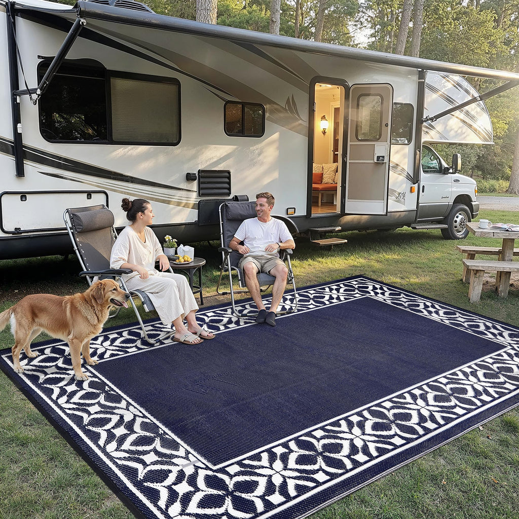 PureCozy Outdoor Plastic Straw Rug Black Beige Large Outside Waterproof Outdoor Patio 5x8 Carpet Geometric Reversible Mat Modern for Camping RV Porch Deck Balcony Beach