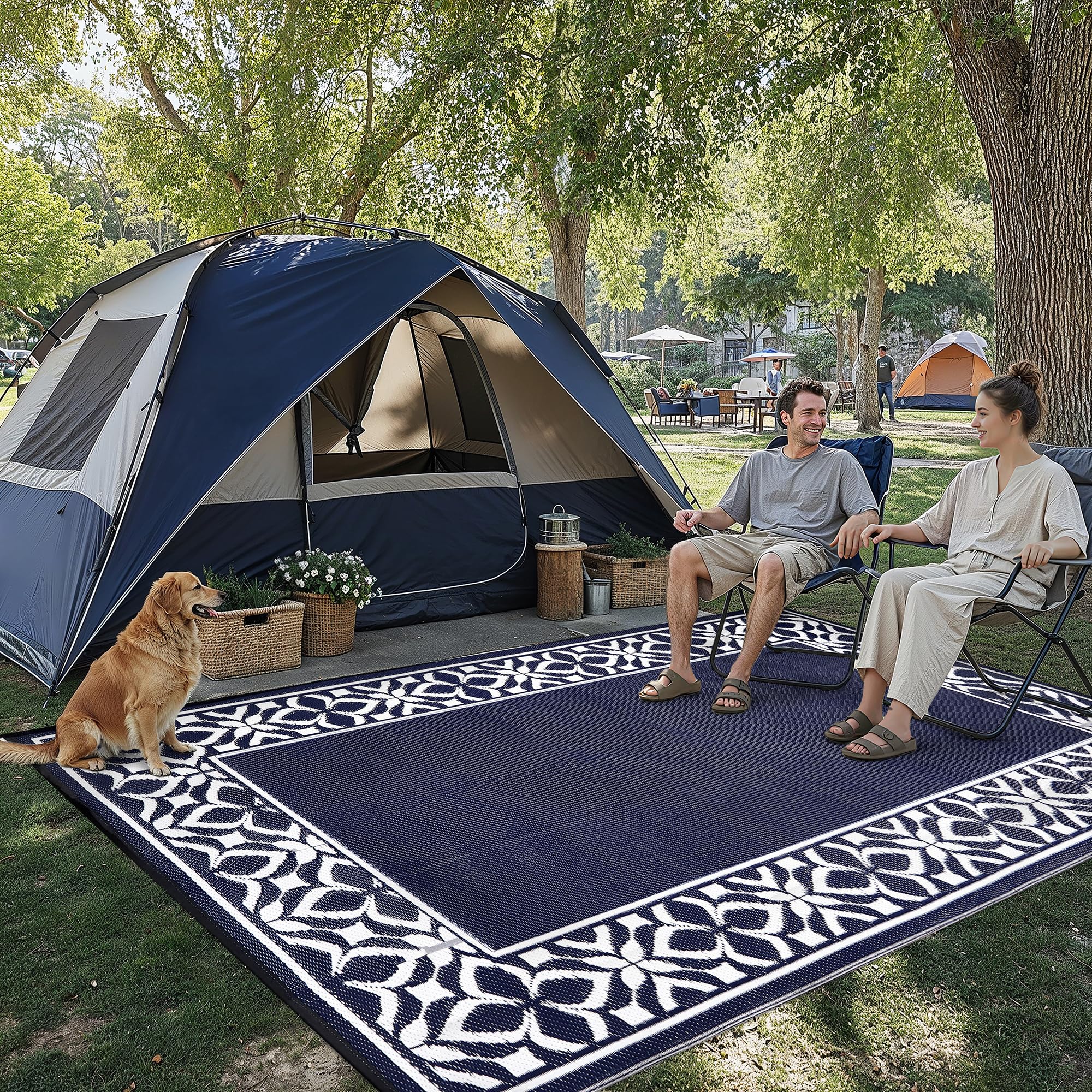 PureCozy Outdoor Plastic Straw Rug Black Beige Large Outside Waterproof Outdoor Patio 5x8 Carpet Geometric Reversible Mat Modern for Camping RV Porch Deck Balcony Beach