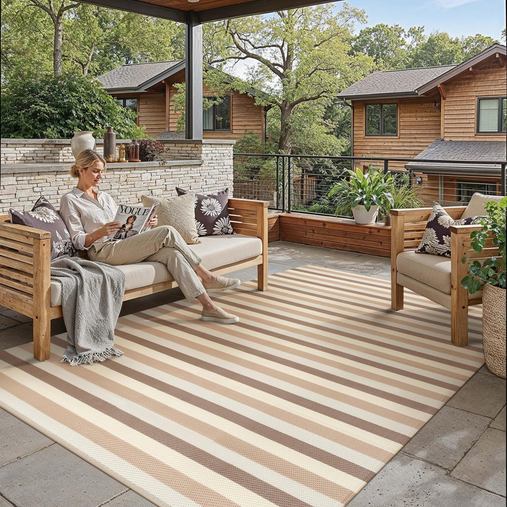 PureCozy Outdoor Plastic Straw Rug Black Beige Large Outside Waterproof Outdoor Patio 5x8 Carpet Geometric Reversible Mat Modern for Camping RV Porch Deck Balcony Beach