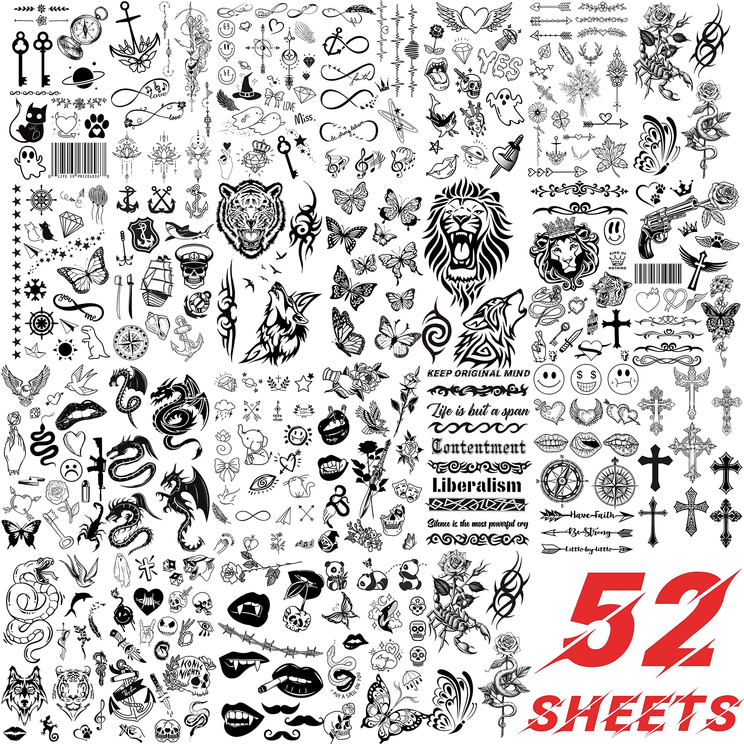 EGMBGM 52 Sheets Tiny Small Temporary Tattoos For Kids Boys Girls, Tribal Animals Butterfly Anchor Compass Tattoo Stickers For Men Women, 3D Cute Flower Fake Face Tatoo Kits Sets For Neck Arm Hands