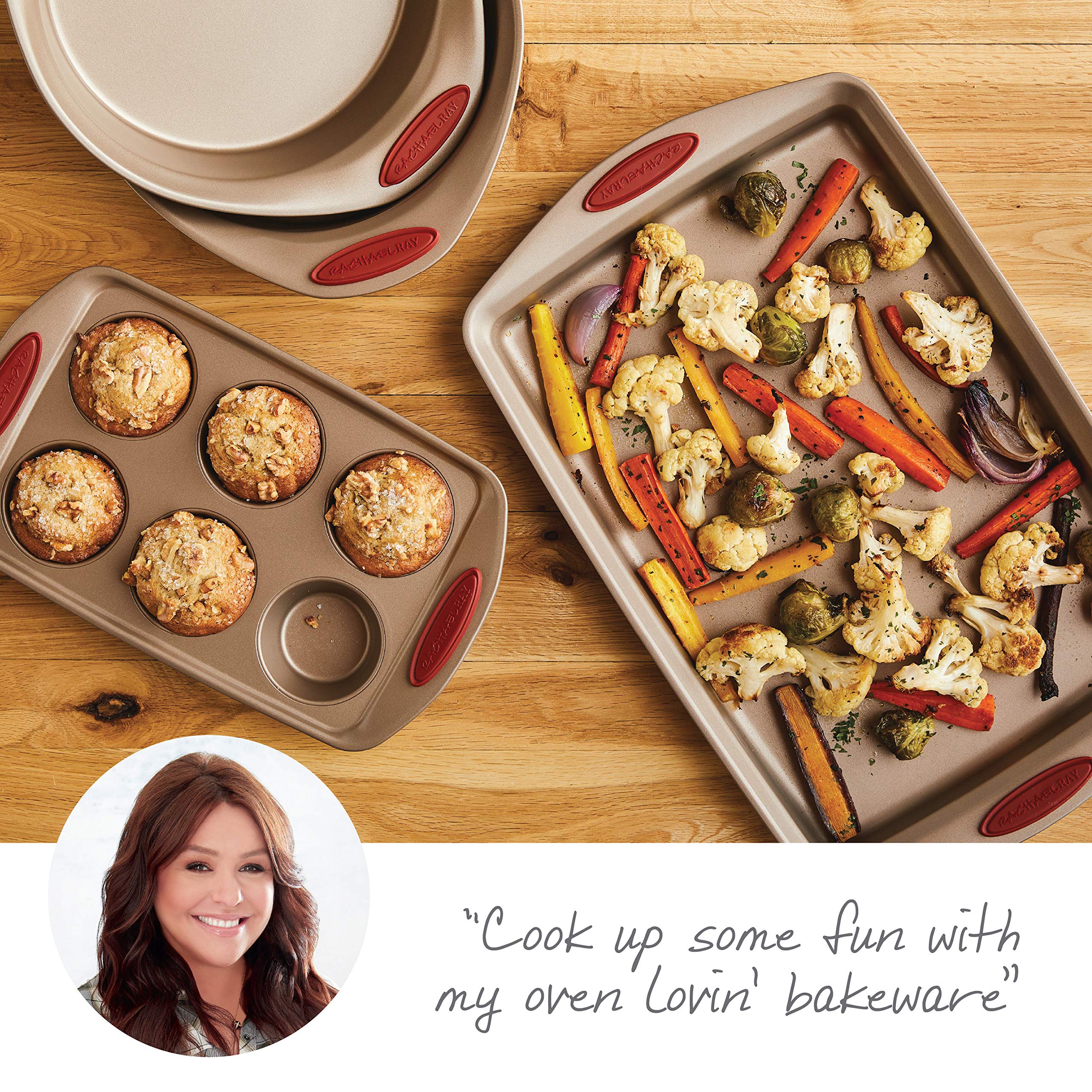 Rachael Ray Cucina Bakeware Set Includes Nonstick Cake Cookie Baking Sheet and Muffin Cupcake Pan, 4 Piece, Latte Brown with Agave Blue Grips