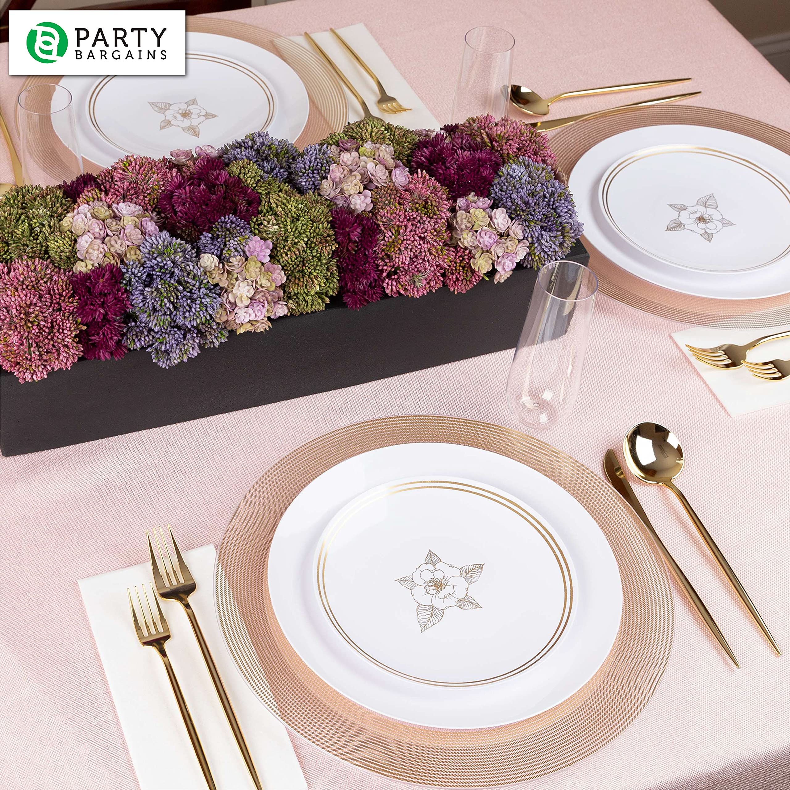 PARTY BARGAINS 13-Inch Charger Plates - 96 Pack, Clear Gold Rim, Heavy-Duty Disposable Chargers for Elegant Dining - Ideal for Weddings and Formal Events