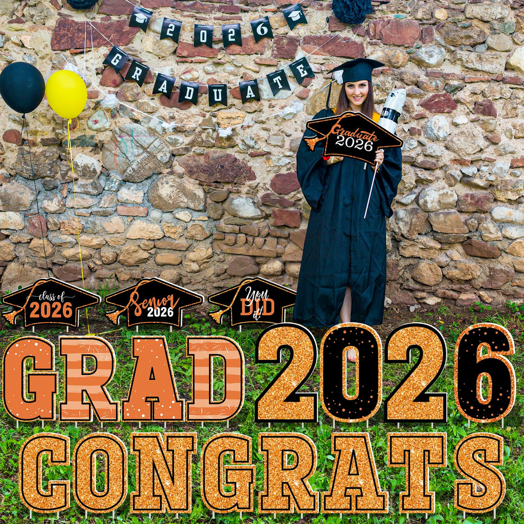 HOVACY 20 PCS Black Gold Graduation Yard Signs Class of 2026 | Black Gold 20 PCS, 40 Stakes, 11.57 x 16.14 in, Corrugated Plastic, Waterproof, Congrats Grad Sign, Graduation Sign
