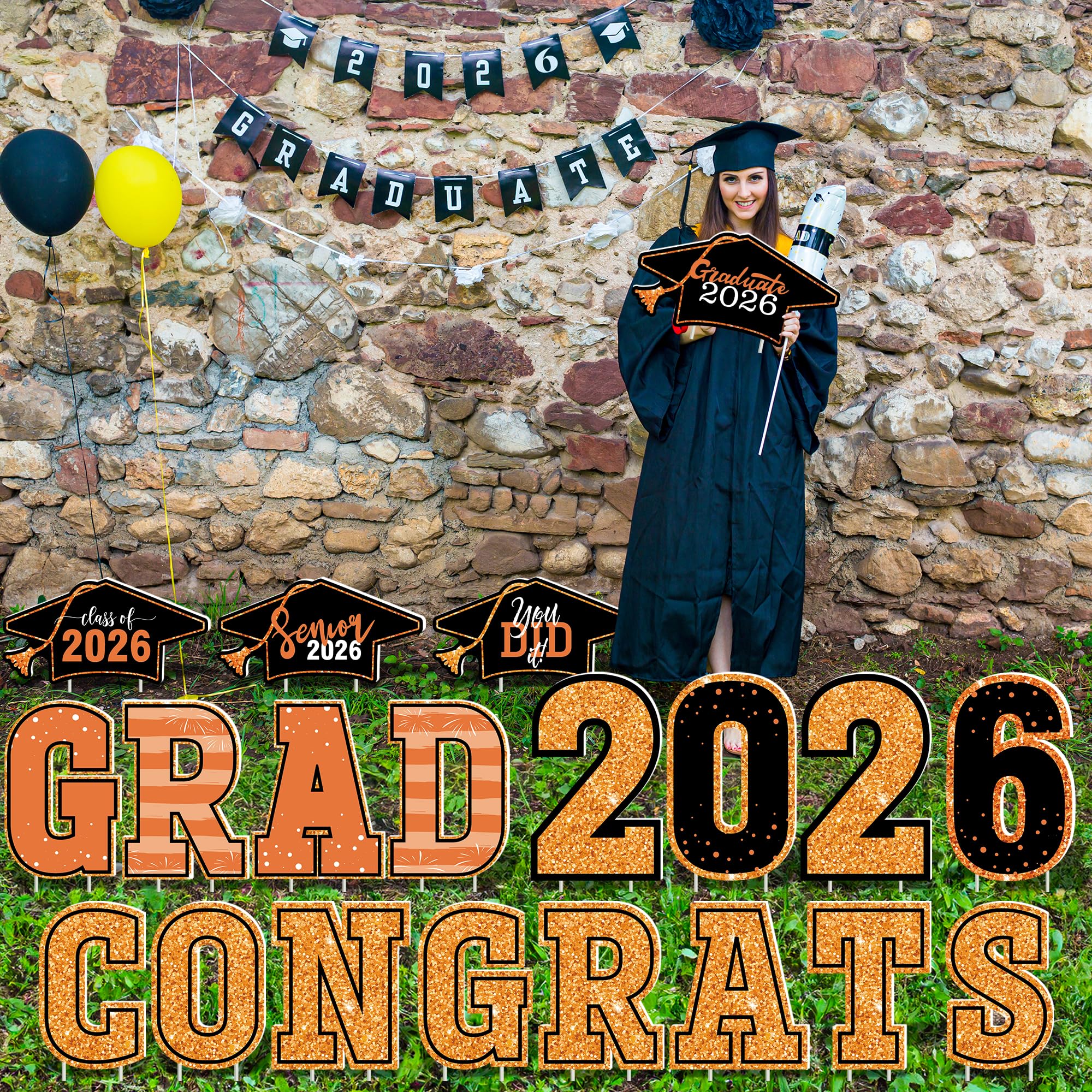 HOVACY 20 PCS Black Gold Graduation Yard Signs Class of 2026 | Black Gold 20 PCS, 40 Stakes, 11.57 x 16.14 in, Corrugated Plastic, Waterproof, Congrats Grad Sign, Graduation Sign
