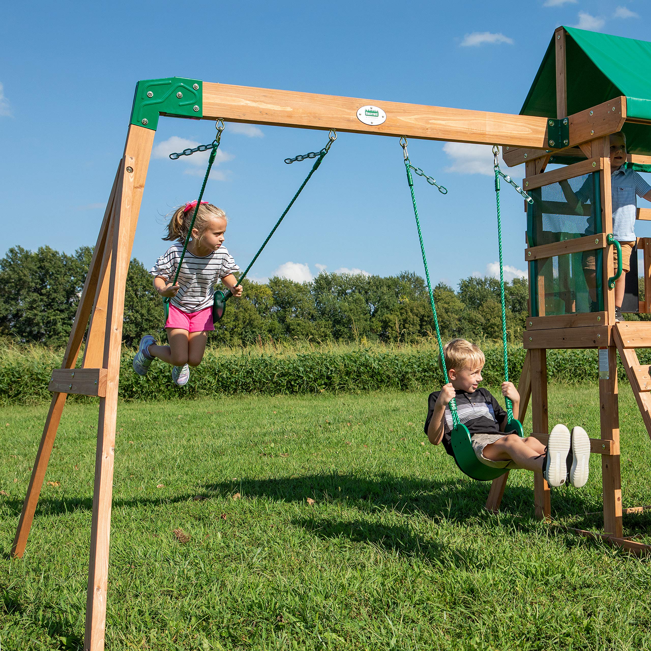 Backyard Discovery Bay Pointe Cedar Wood Swing Set with Wave Slide, Play Deck, Rock Wall Ladder, Belt Swings, Chalkboard, Canopy Roof, Outdoor Playset