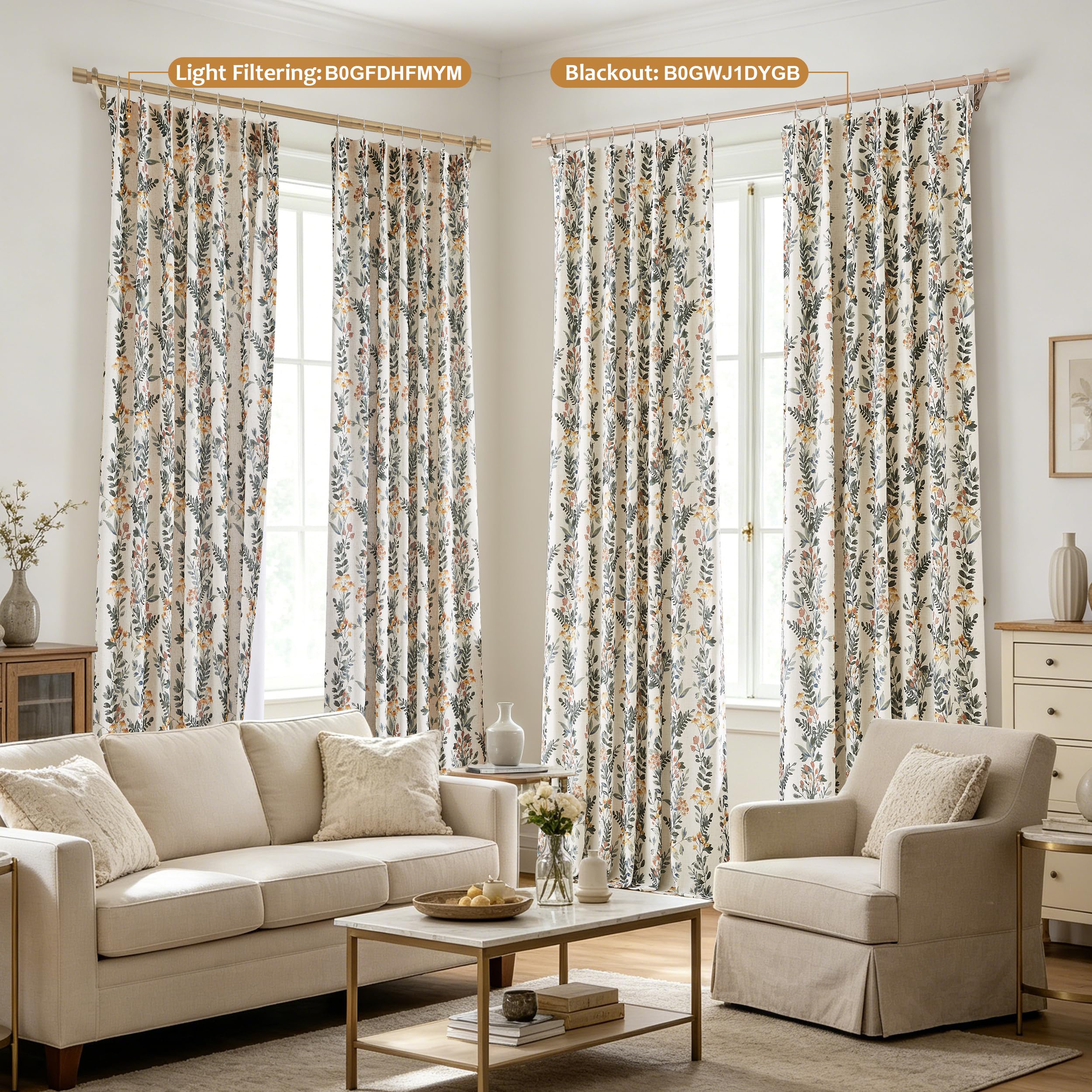 Kayne Studio Pinch Pleated Full Blackout Window Curtain Panels Botanical Floral Boho Leaf Print Country Farmhouse GreenYellow Room Darkening Thermal Insulated Window Treatment Bedroom,40"x84",2 Panels