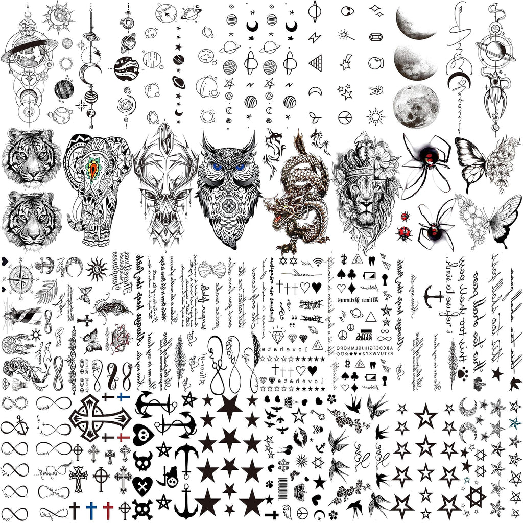 EGMBGM 52 Sheets Tiny Small Temporary Tattoos For Kids Boys Girls, Tribal Animals Butterfly Anchor Compass Tattoo Stickers For Men Women, 3D Cute Flower Fake Face Tatoo Kits Sets For Neck Arm Hands