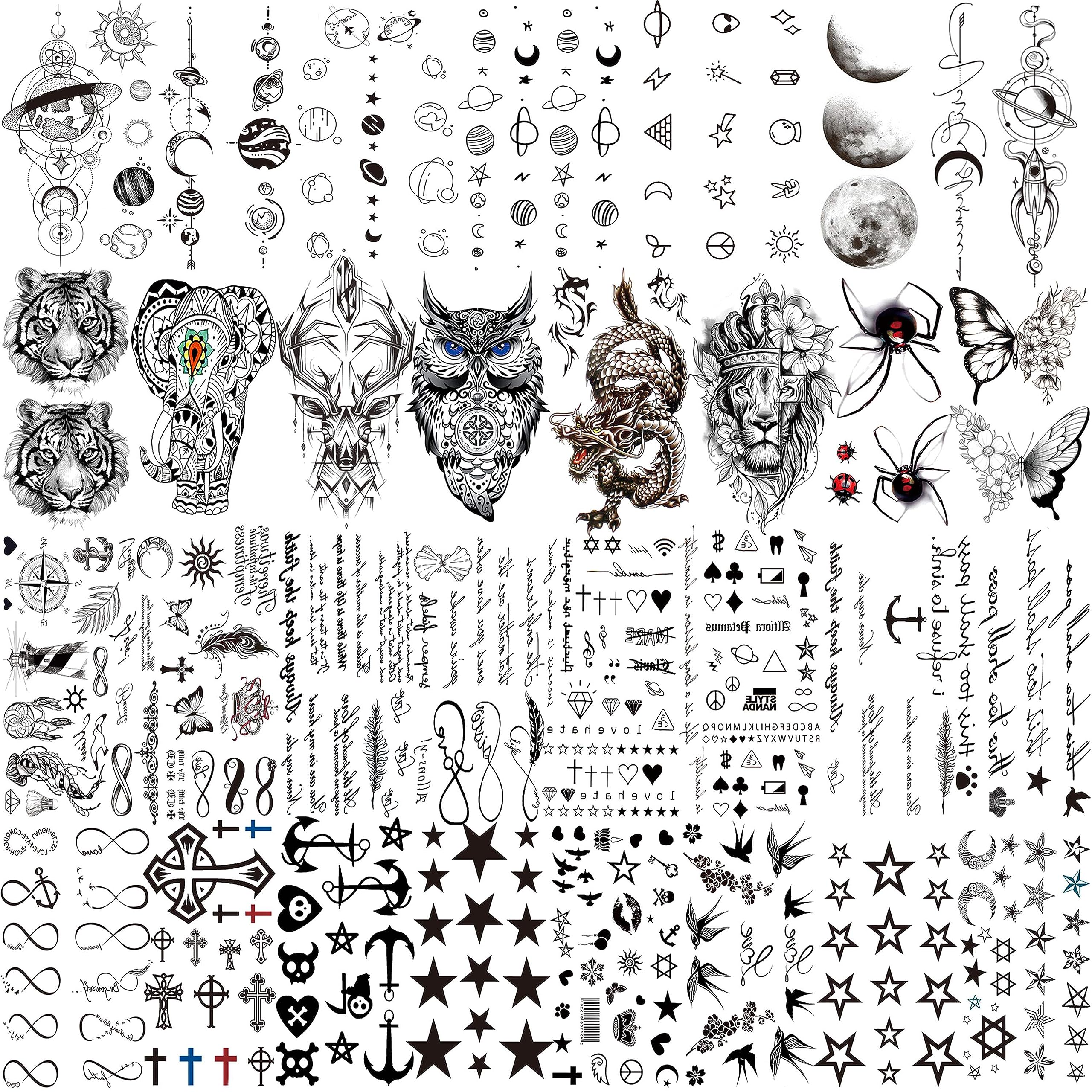 EGMBGM 52 Sheets Tiny Small Temporary Tattoos For Kids Boys Girls, Tribal Animals Butterfly Anchor Compass Tattoo Stickers For Men Women, 3D Cute Flower Fake Face Tatoo Kits Sets For Neck Arm Hands