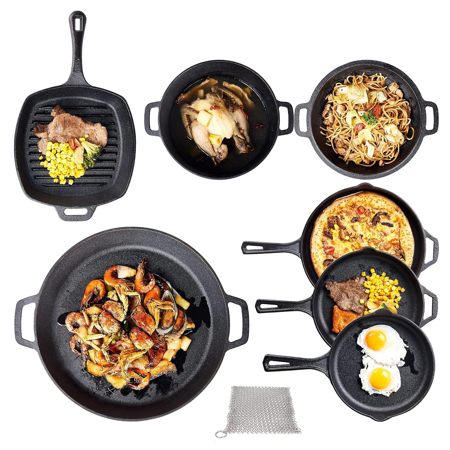 Bruntmor 8 Piece Cast Iron Cookware Set - Pre-Seasoned Pots and Pans Set with Cast Iron Skillets, Grill Pan, Dutch Oven, Pizza Pan, and Scrubber - Heavy Duty Cooking for Home Kitchen or Camping