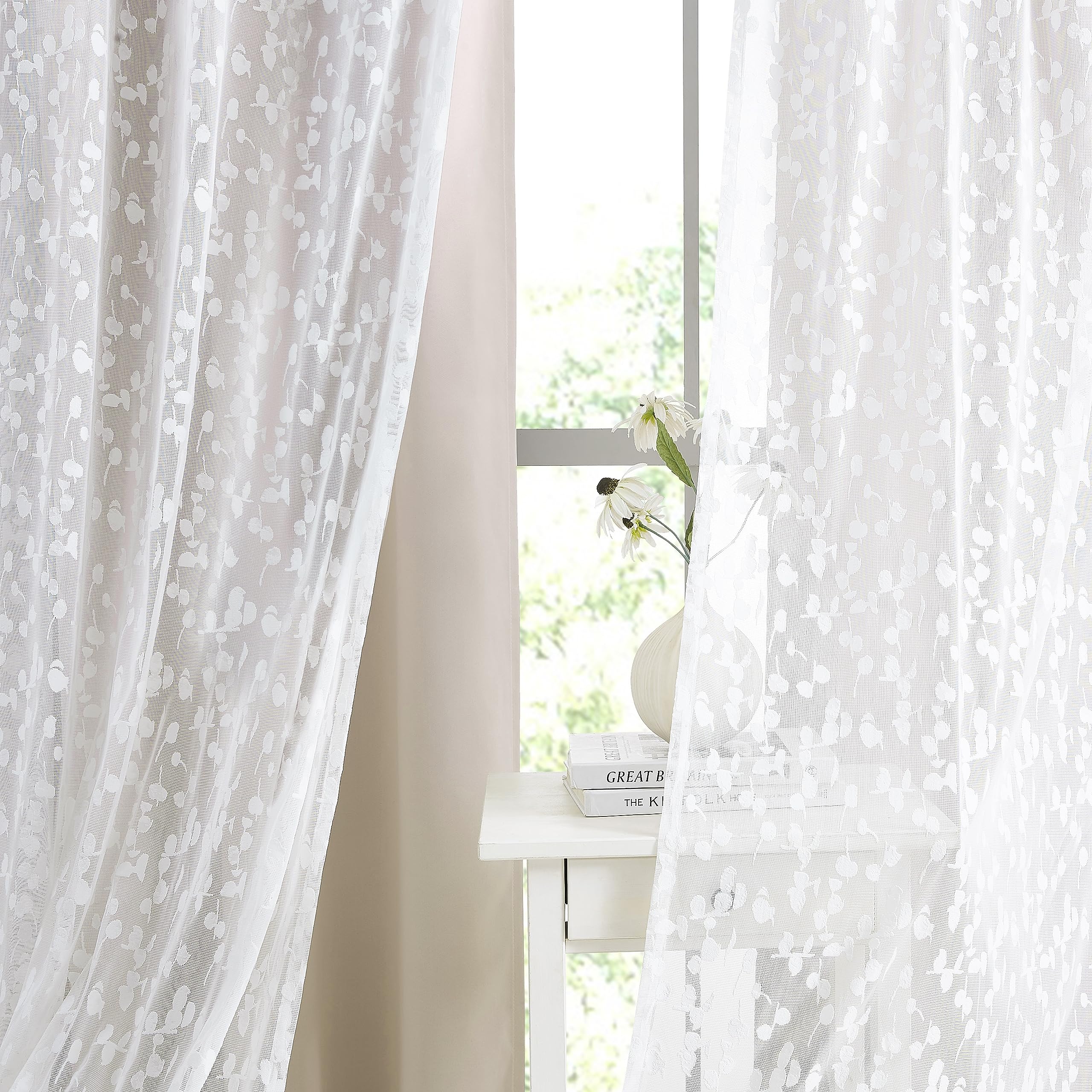 Jubilantex Full Blackout Curtains + Leaf Sheer Window Panels, Beige Mix and Match Style Double Layer Window Treatment Sets for Bedroom Living Room, 4 Panels 52" W x 63" L, Beige and White