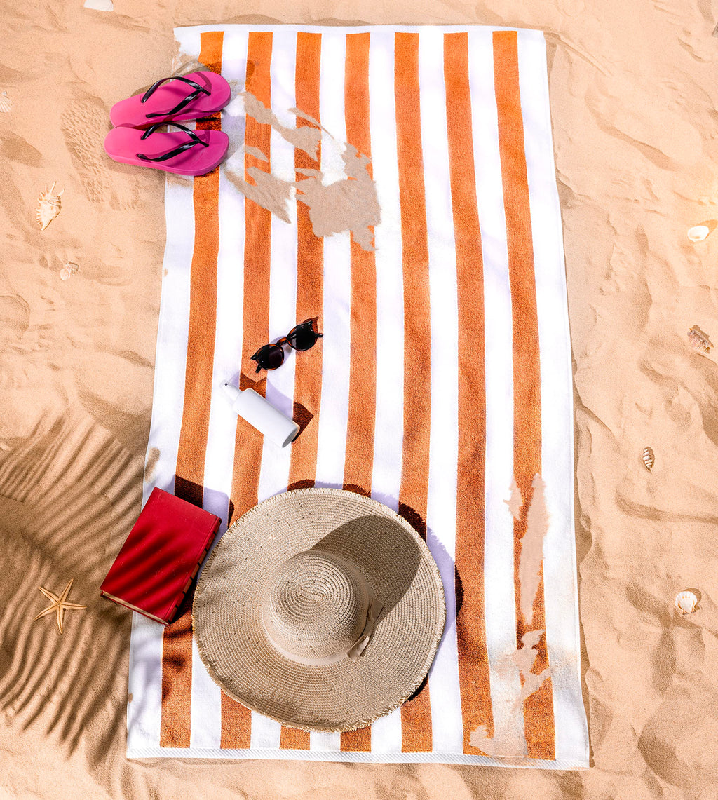 American Soft Linen Cabana Striped Beach Towels, 30x60 inch 4 Piece Oversize Pool Towels, Quick Drying Sand Free Swim Towels, Beige