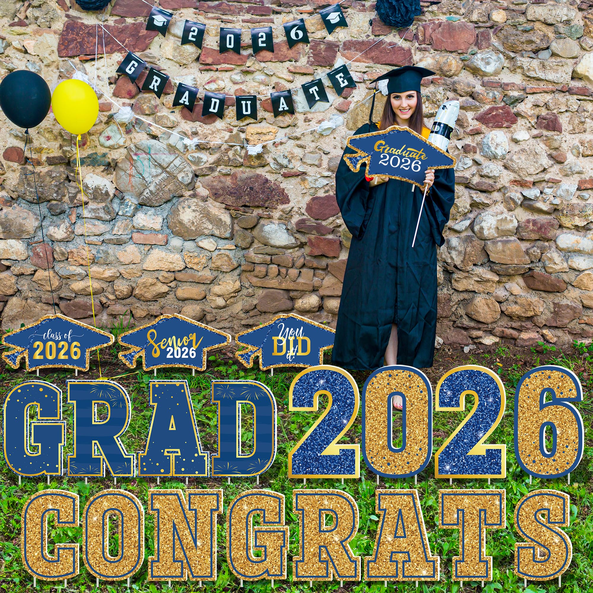 HOVACY 20 PCS Black Gold Graduation Yard Signs Class of 2026 | Black Gold 20 PCS, 40 Stakes, 11.57 x 16.14 in, Corrugated Plastic, Waterproof, Congrats Grad Sign, Graduation Sign