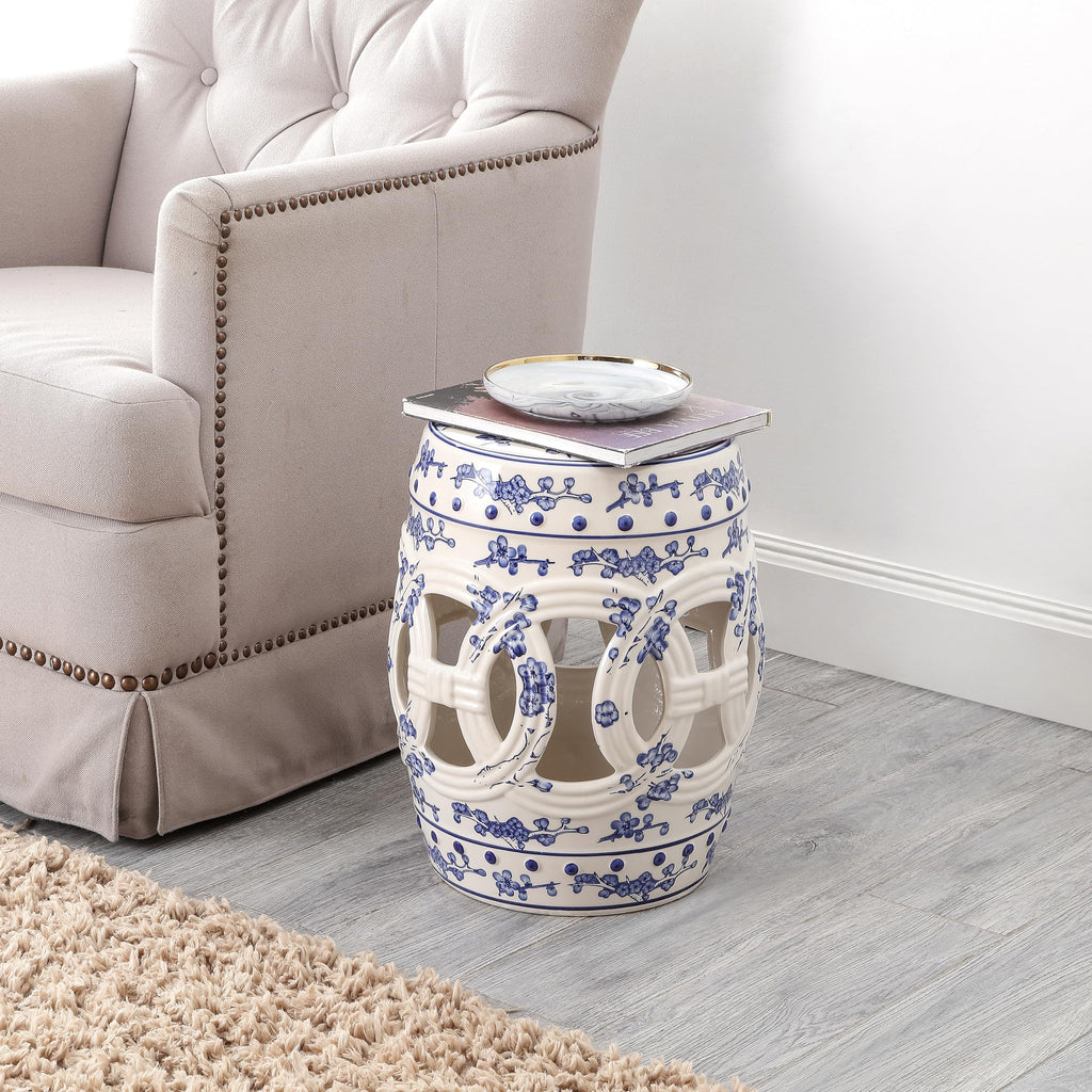 JONATHAN Y Lucky Coins 16" Ceramic Garden Stool, Contemporary Blue/White Cutout Interlocking Rings Drum Indoor/Outdoor Side Table and Plant Stand for Patio, Garden, Living Room TBL1027A