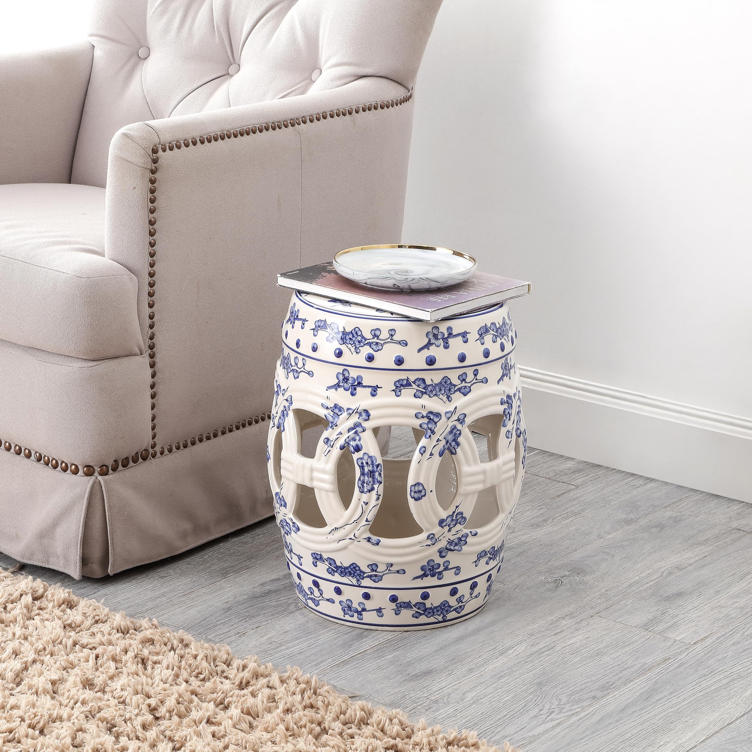 JONATHAN Y Lucky Coins 16" Ceramic Garden Stool, Contemporary Blue/White Cutout Interlocking Rings Drum Indoor/Outdoor Side Table and Plant Stand for Patio, Garden, Living Room TBL1027A