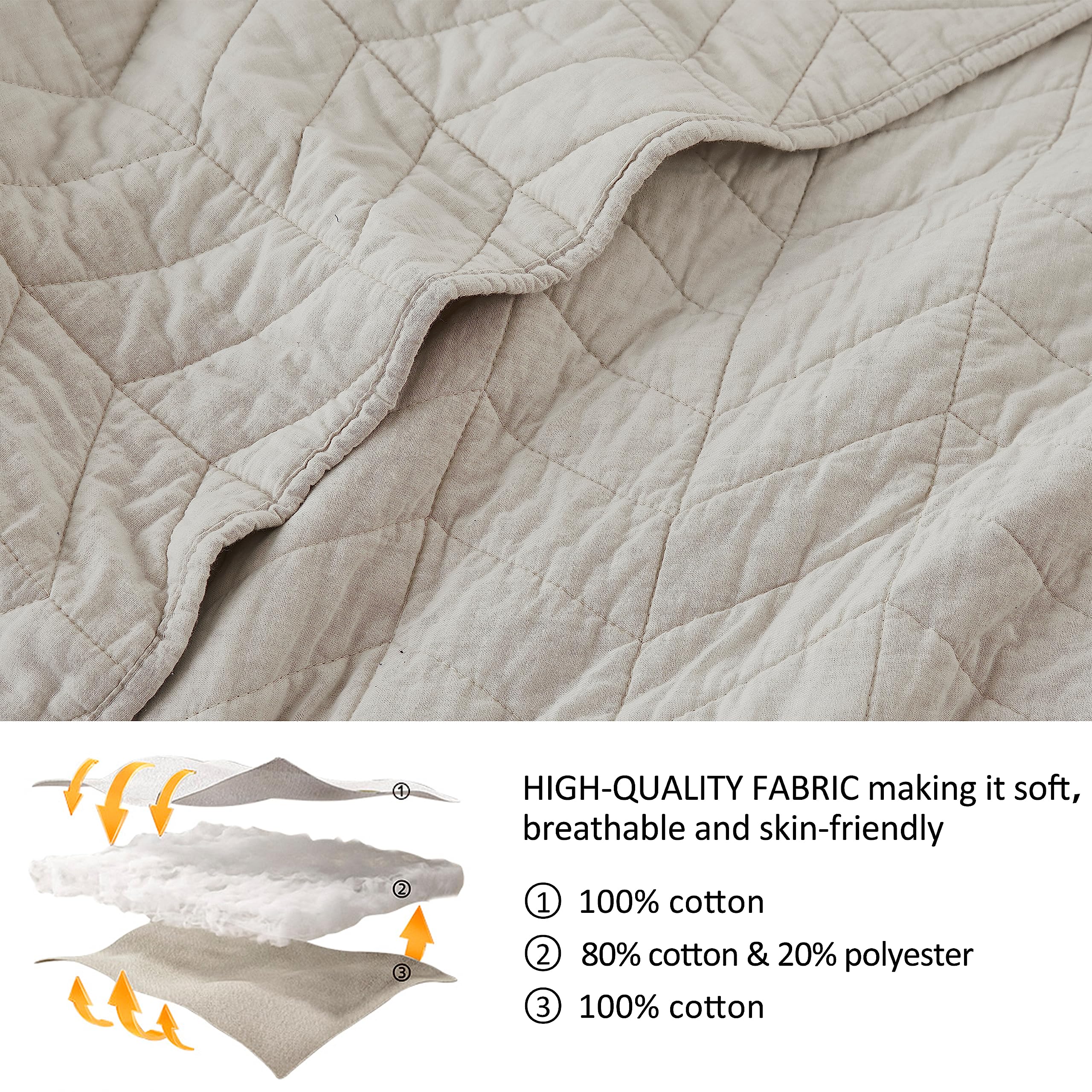 palassio Beige Cotton Quilt Twin Size Bedding Sets with Pillow Sham, White Lightweight Soft Bedspread Coverlet, Tan Cream Quilted Comforter Bed Cover for All Season, 2 Pieces, 68x86 inches