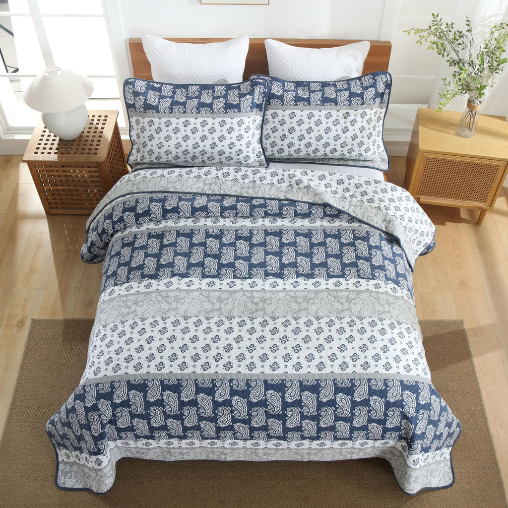 Yellow Quilts Queen Size, Paisley Comforter Set Queen Cotton Bed, Yellow Grey White Comforter, Striped Bedding Queen Size, Lightweight Luxury Bedspread,3 Piece