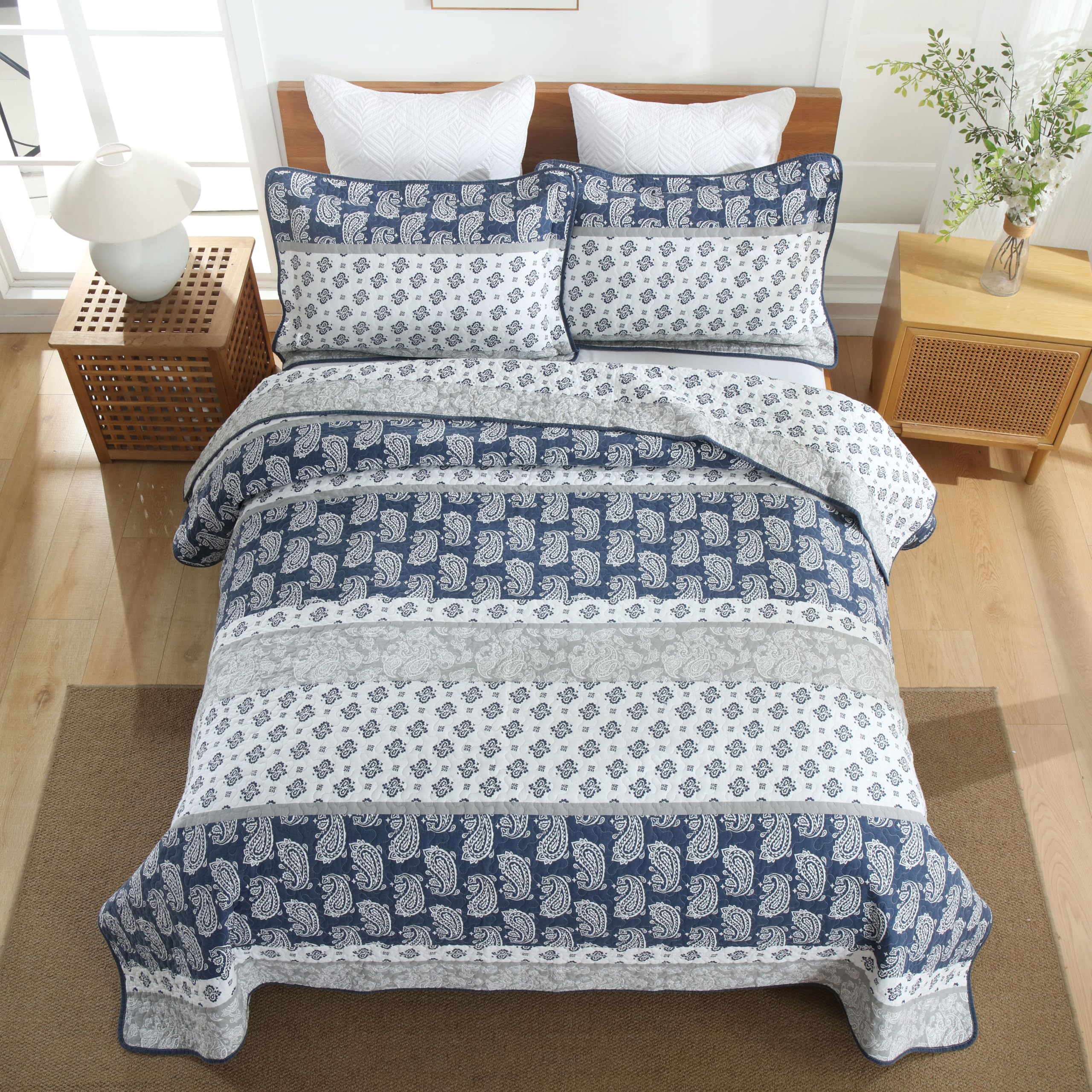 Yellow Quilts Queen Size, Paisley Comforter Set Queen Cotton Bed, Yellow Grey White Comforter, Striped Bedding Queen Size, Lightweight Luxury Bedspread,3 Piece