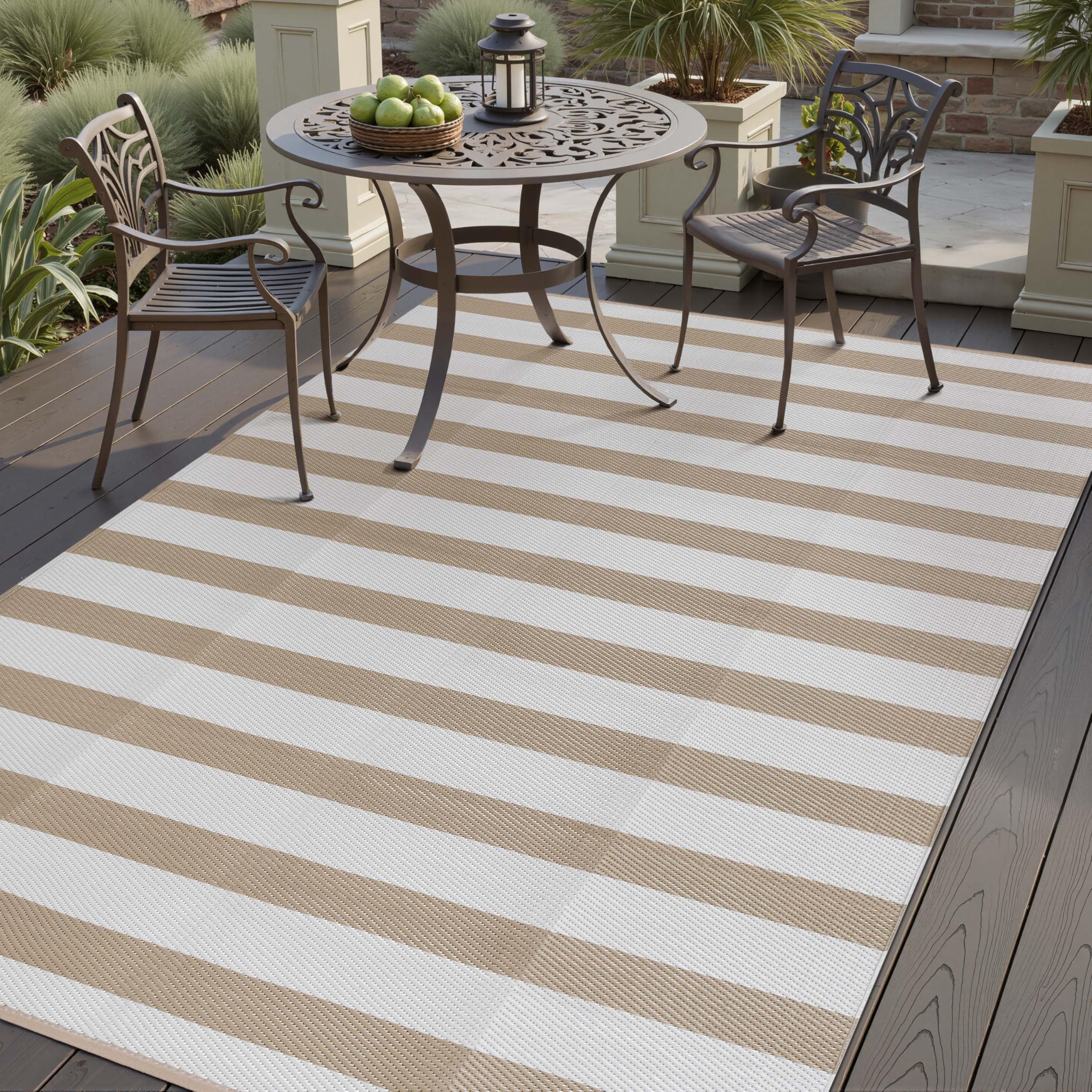PureCozy Outdoor Plastic Straw Rug Black Beige Large Outside Waterproof Outdoor Patio 5x8 Carpet Geometric Reversible Mat Modern for Camping RV Porch Deck Balcony Beach