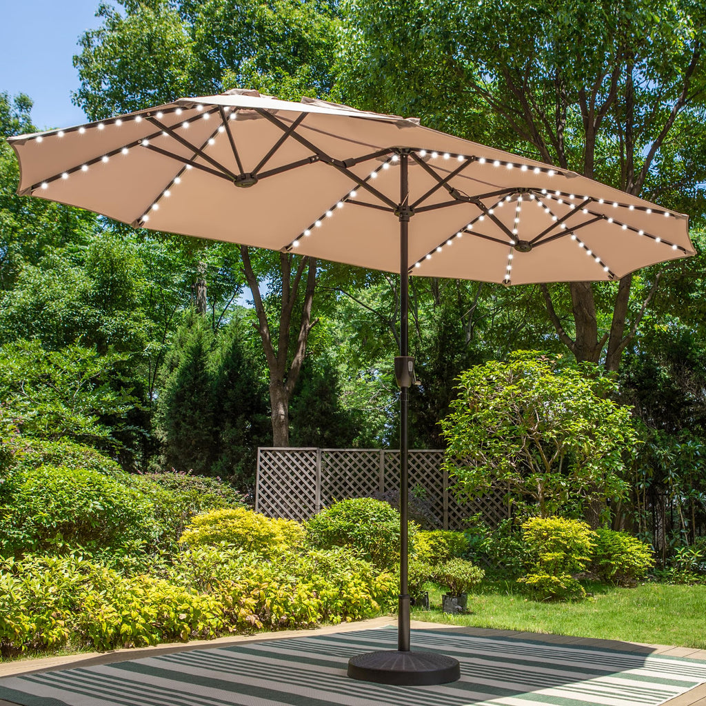 PHI VILLA 13ft Patio Umbrella with Solar-Powered 120 PCS LED Color-Changing Lights, Triple-Head Large Rectangle Umbrella Outdoor Patio for Table with Crank Lift,Beige(No Base)