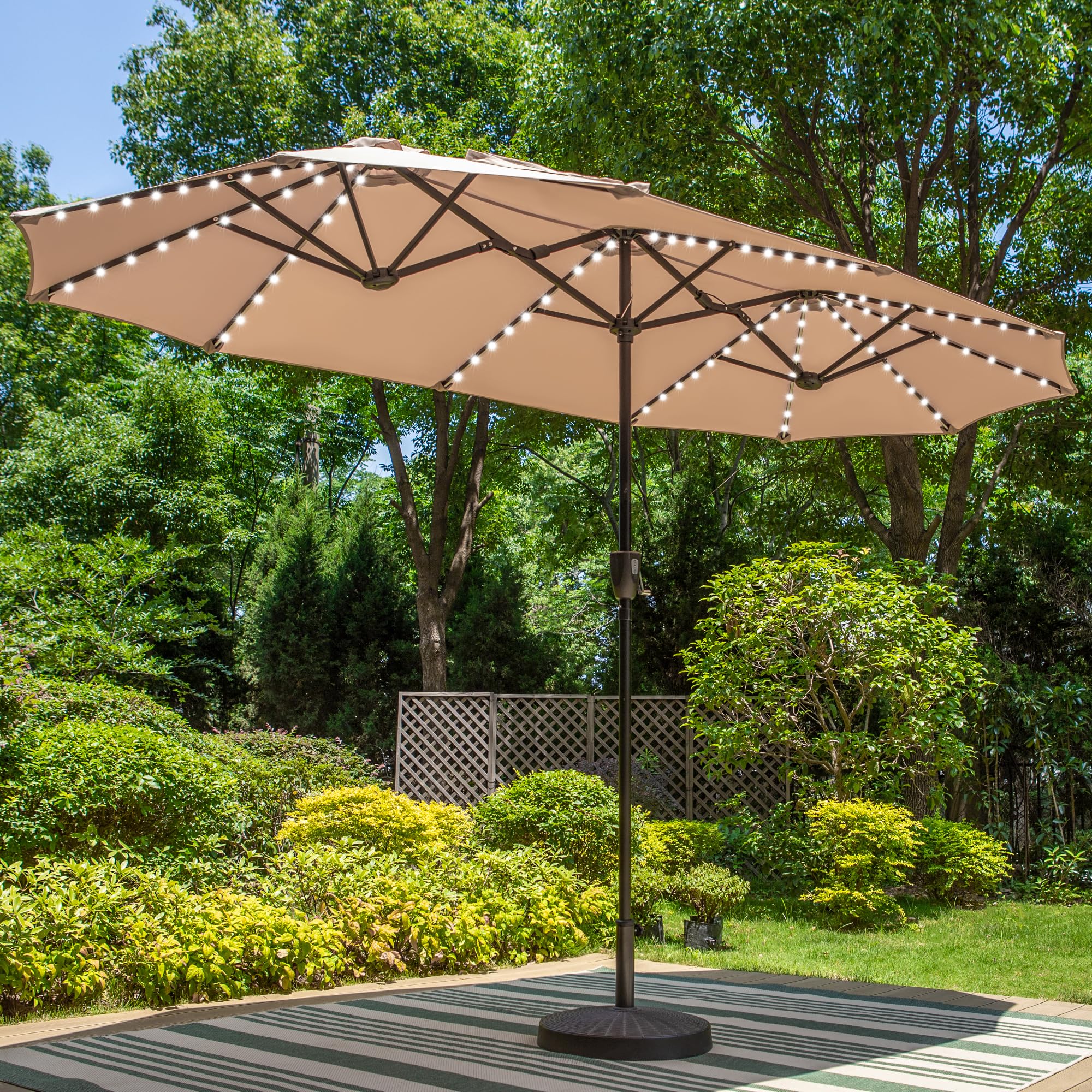 PHI VILLA 13ft Patio Umbrella with Solar-Powered 120 PCS LED Color-Changing Lights, Triple-Head Large Rectangle Umbrella Outdoor Patio for Table with Crank Lift,Beige(No Base)