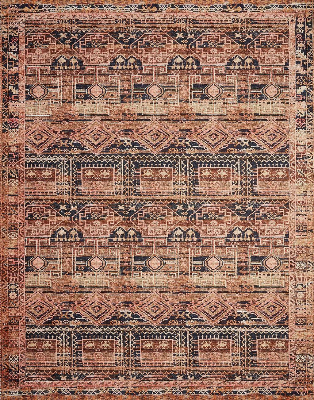 Loloi Layla Collection LAY-07 Blue/Tangerine 2'-3" x 3'-9" .13" Thick Accent Rug, Soft, Durable, Vintage Inspired, Distressed, Low Pile, Non-Shedding, Easy Clean, Printed, Living Room Rug